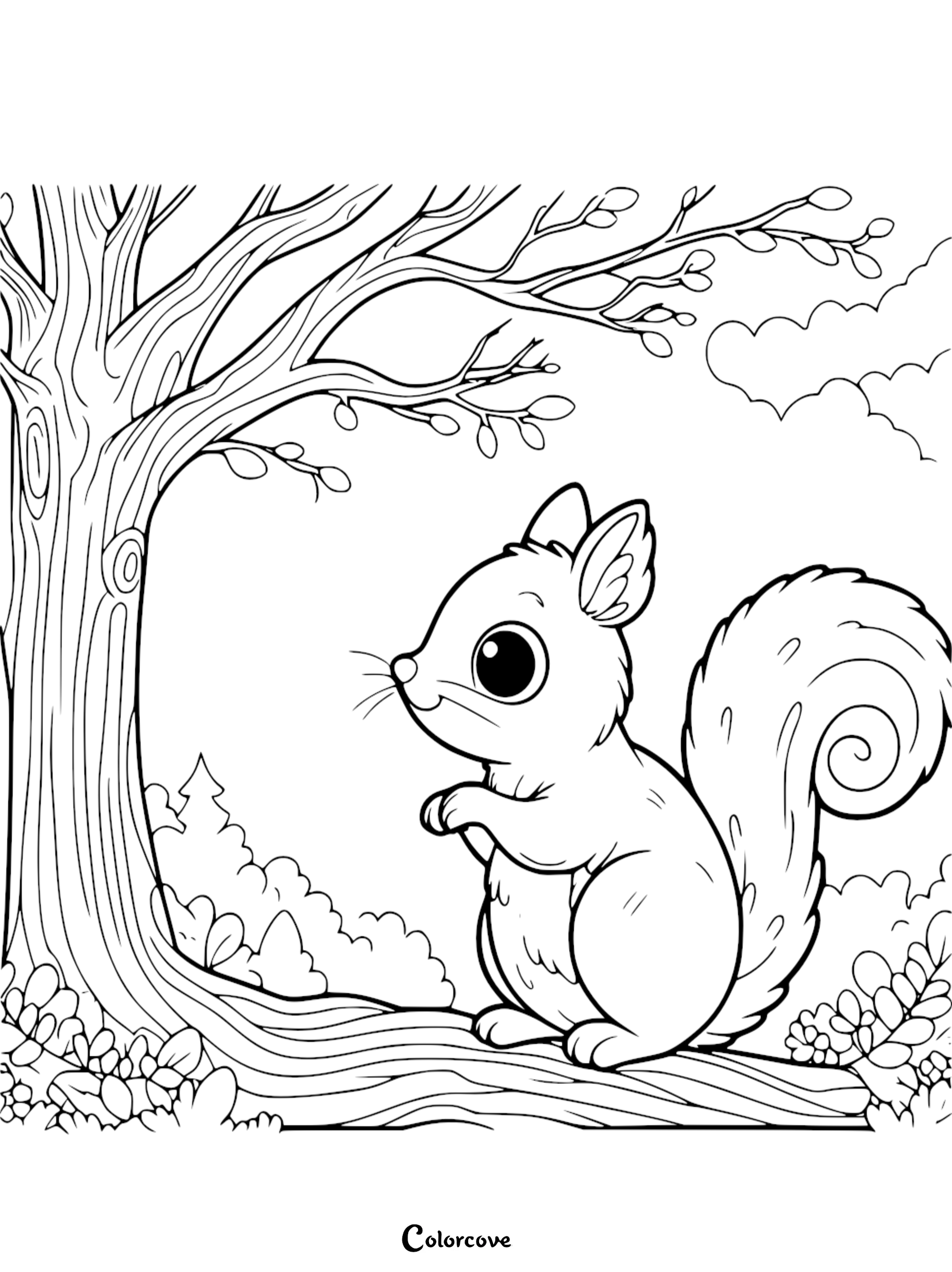 a black and white drawing of a squirrel on a tree branch