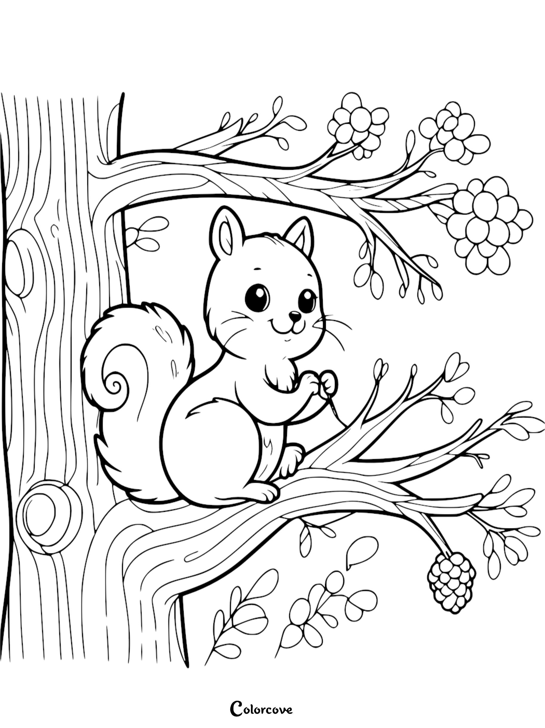 a black and white drawing of a squirrel on a tree