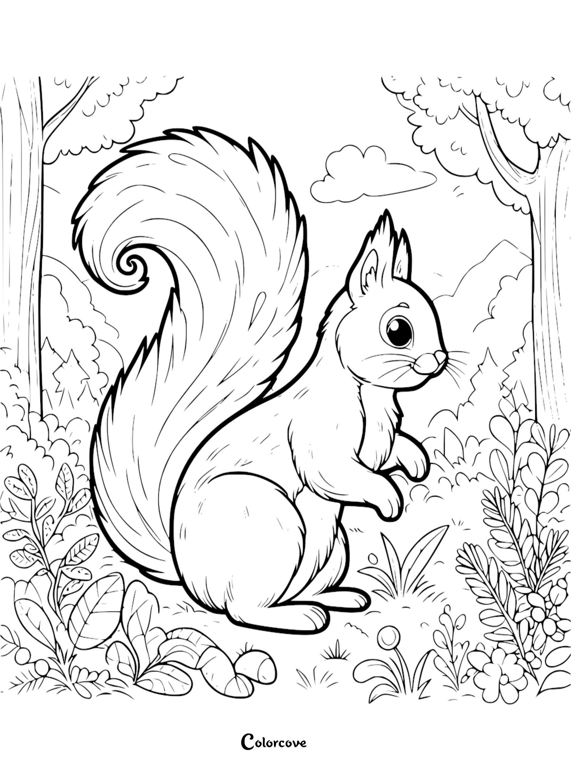 a black and white drawing of a squirrel