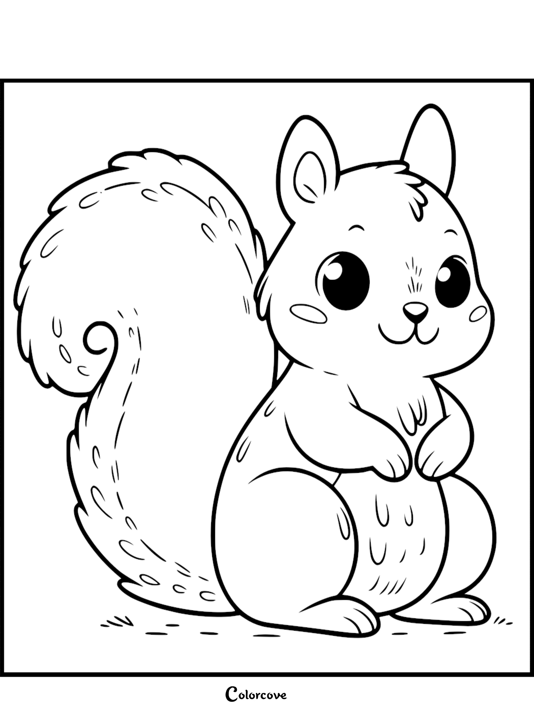Adorable squirrel coloring page for kids featuring a cute squirrel with a fluffy tail. Free download at colorcove.org.