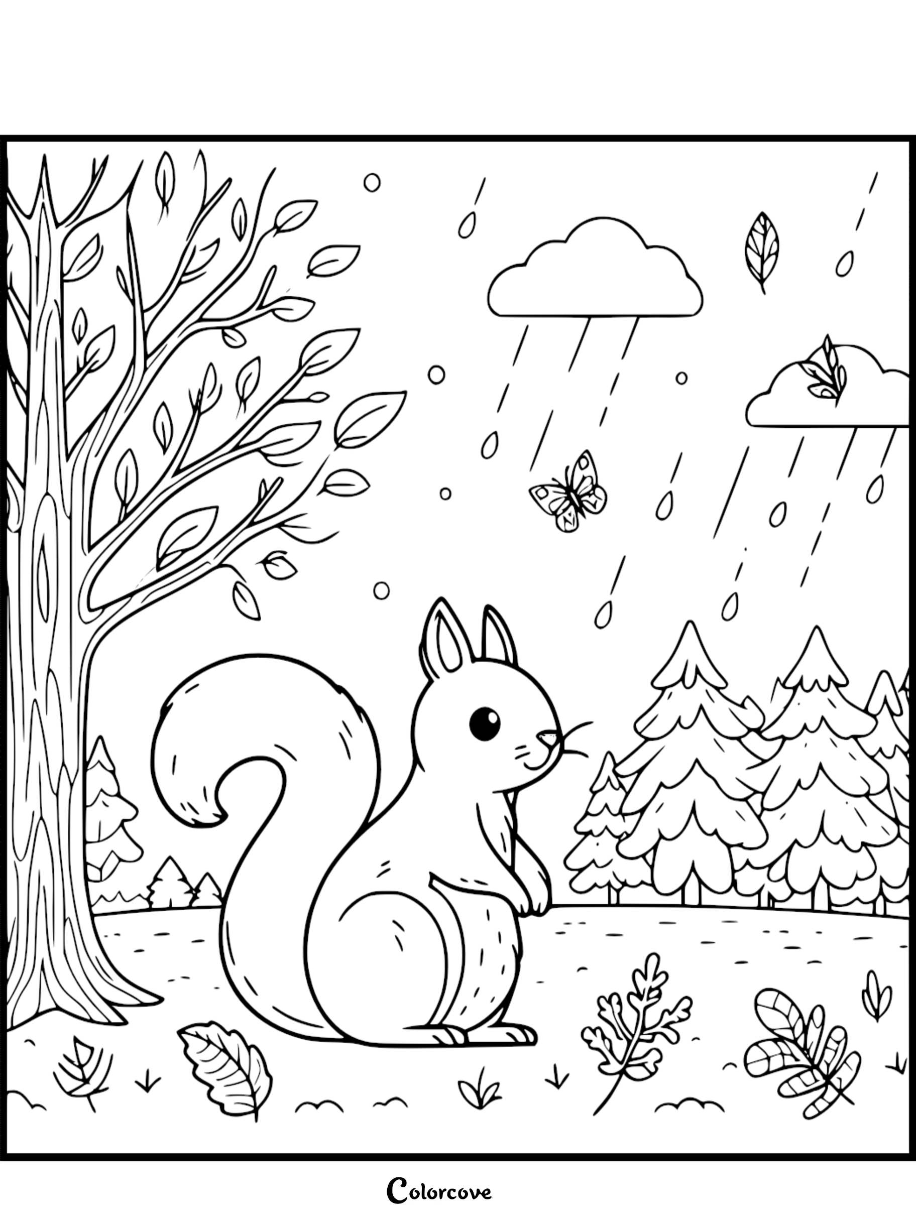 Squirrel in a forest coloring page with rain, trees, butterflies, and leaves, perfect for kids and adults to color.