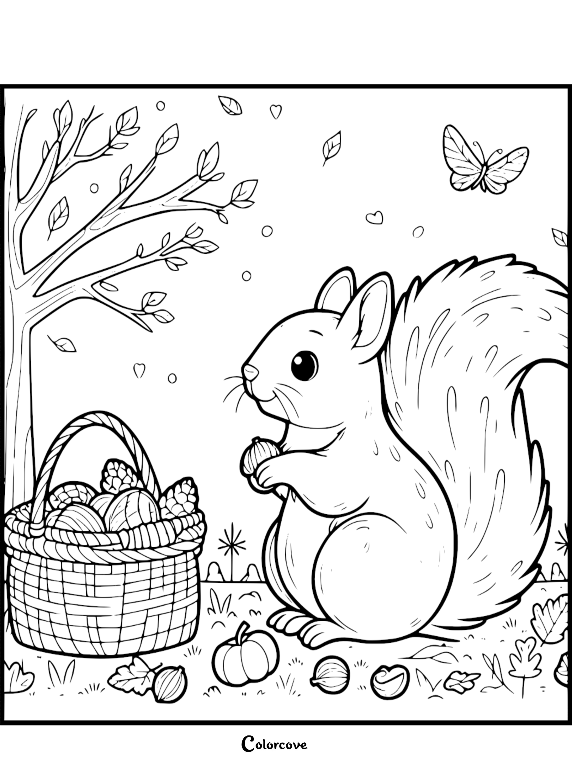 Coloring page: an adorable squirrel gathering nuts in a basket under a tree with falling leaves, pumpkins, and a butterfly nearby.