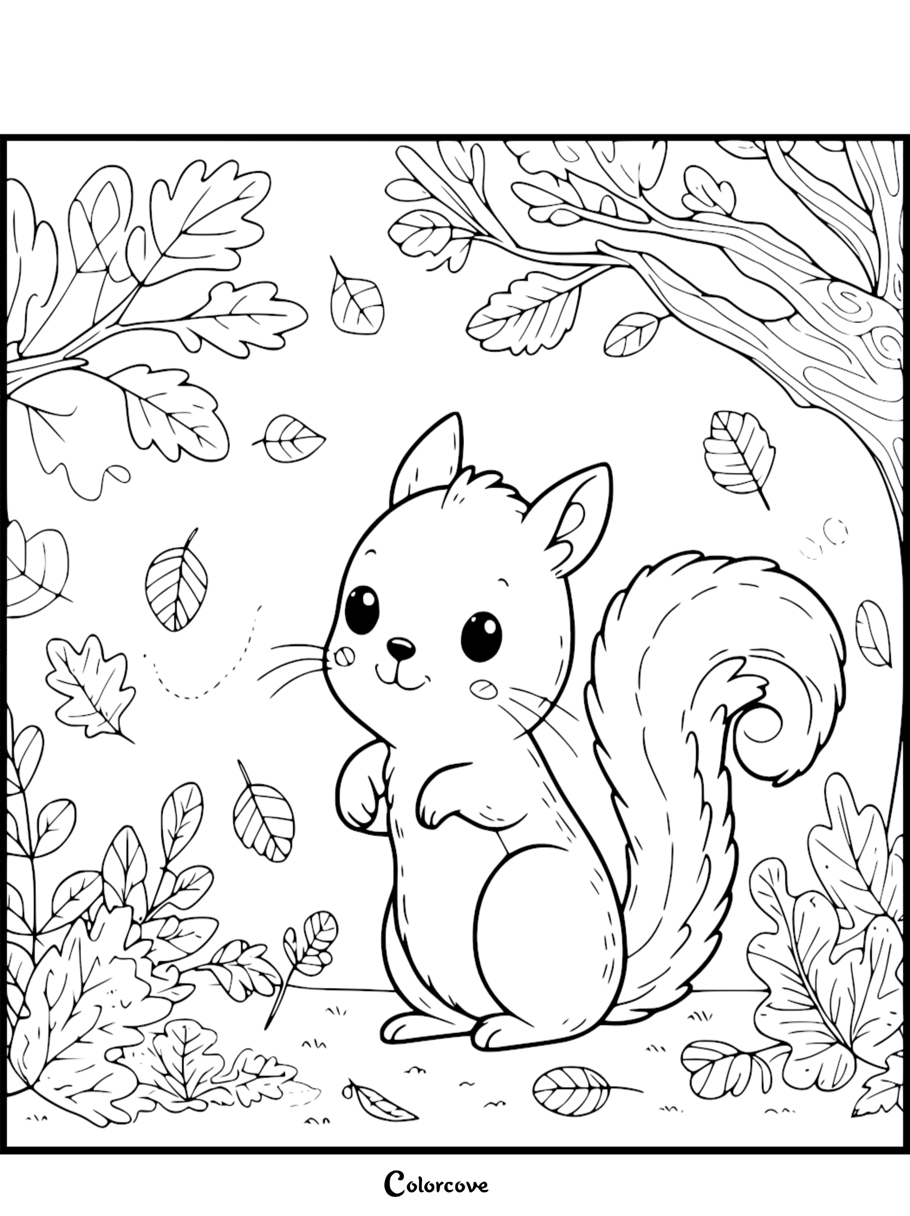 Cute squirrel in autumn forest coloring page with leaves and trees. Ideal for kids' autumn-themed coloring activities.