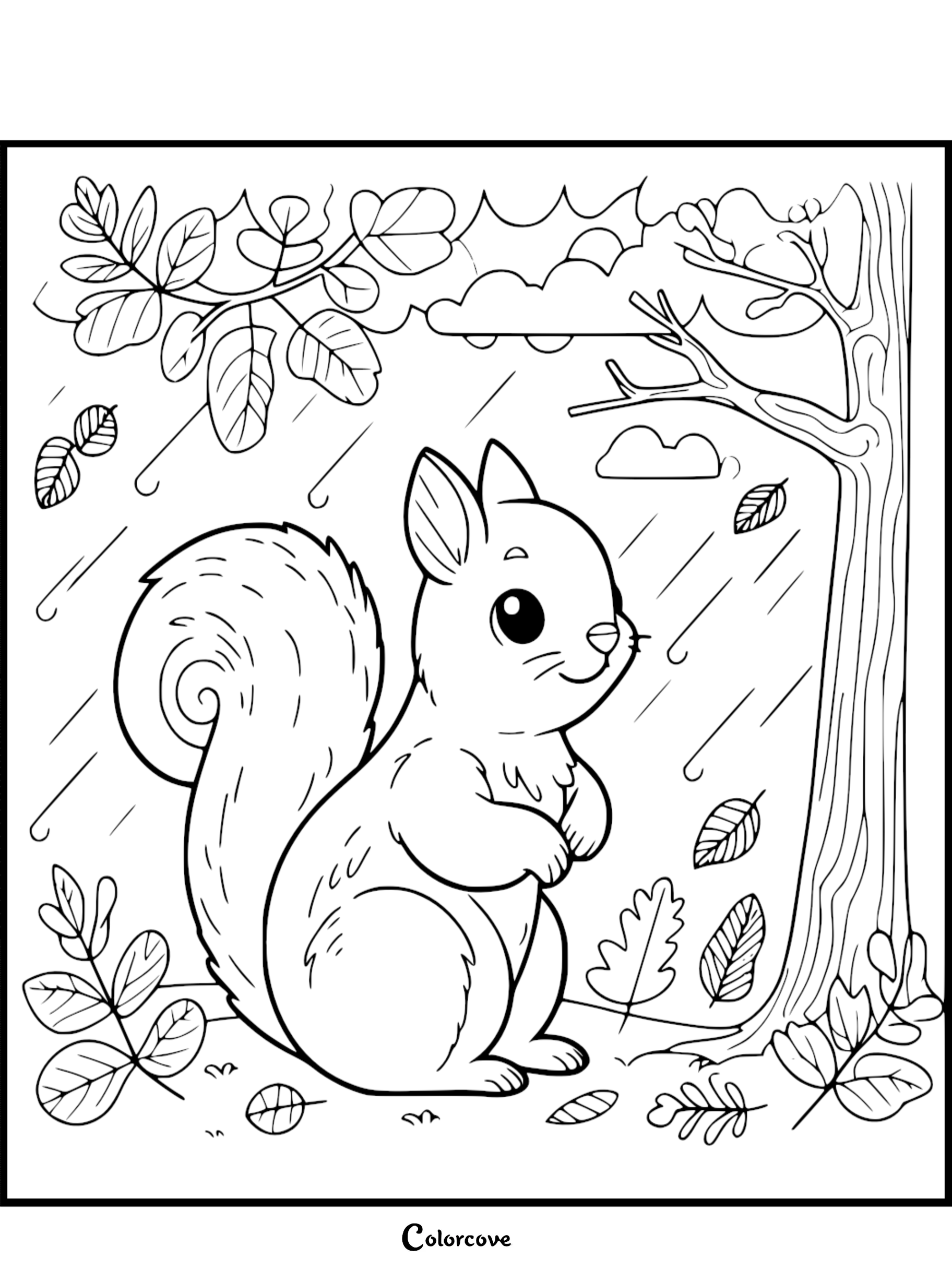 Cute squirrel coloring page under a fall tree with leaves and rain, perfect for kids to color | colorcove.org