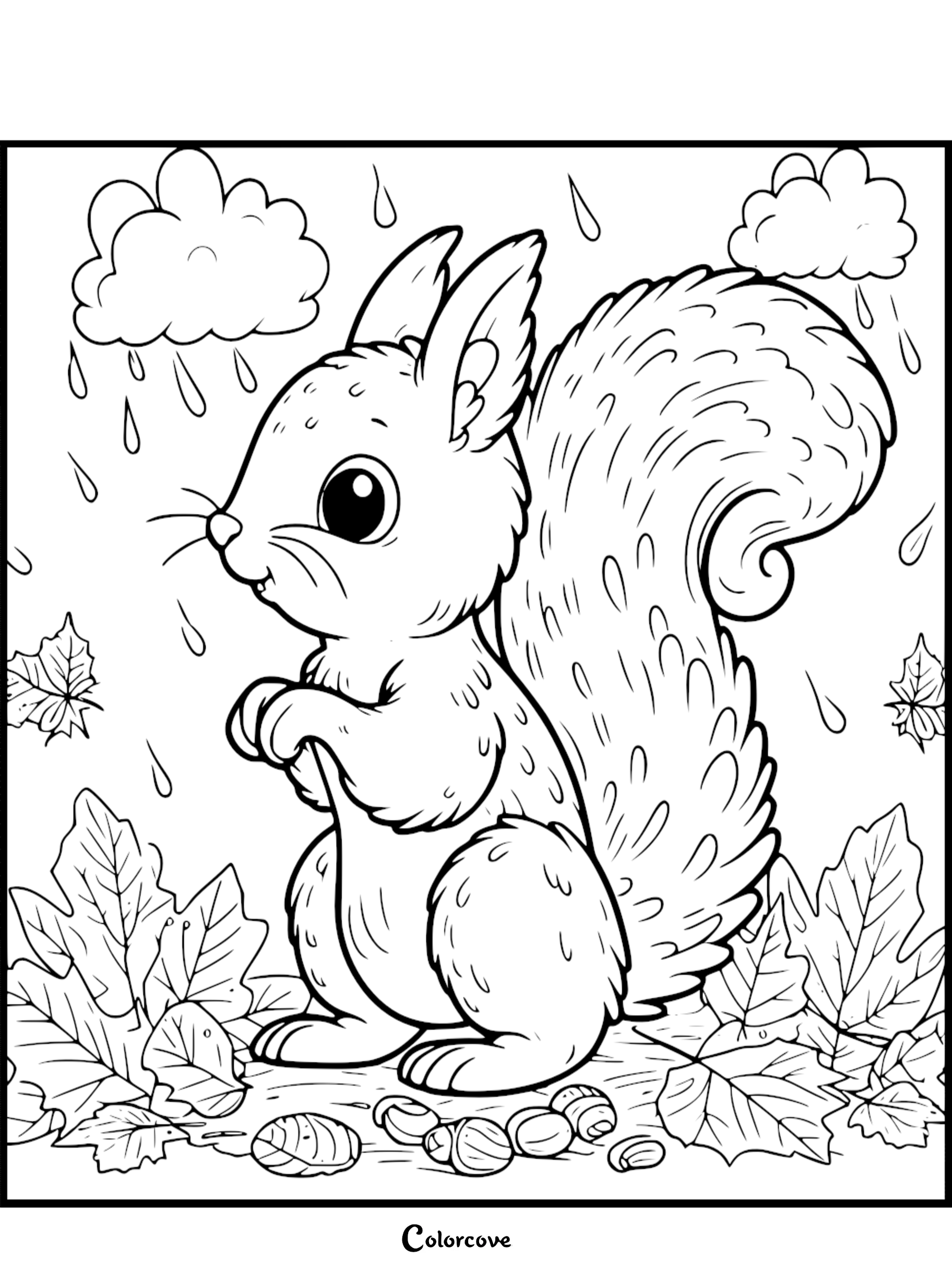 Cute squirrel coloring page for kids with a rainy background and autumn leaves. Printable, fun activity for children.