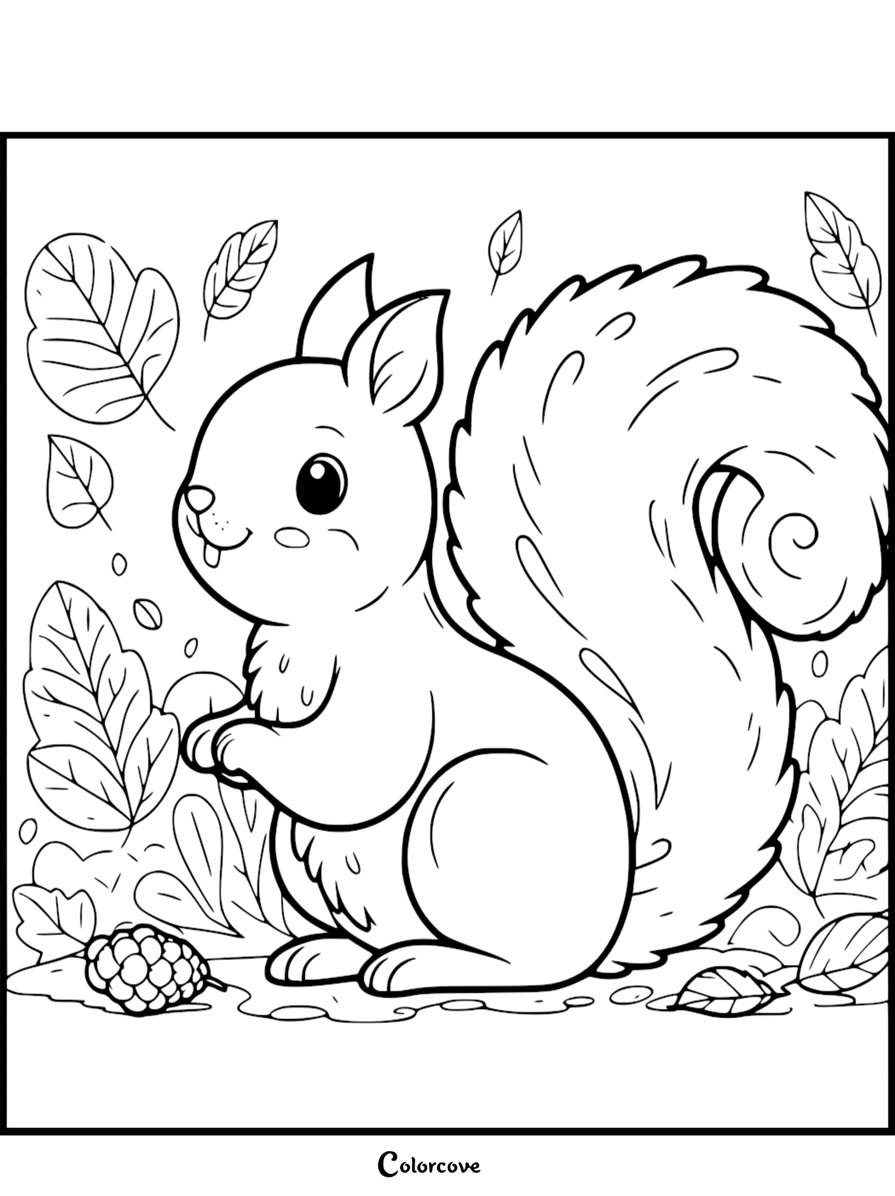 Adorable squirrel coloring page with a squirrel holding acorn and surrounded by leaves and nuts. Perfect for kids fun!