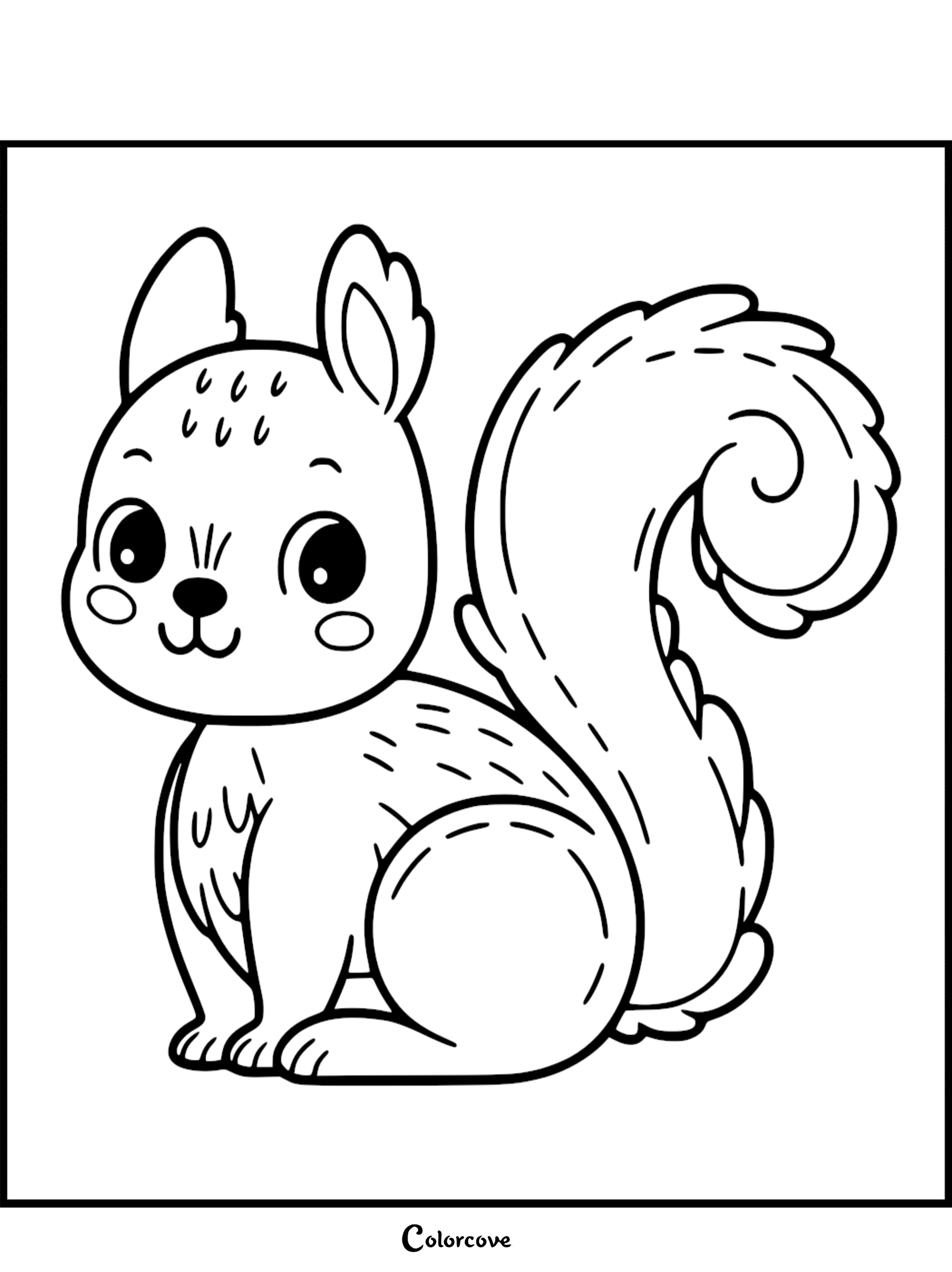 Cute squirrel coloring page for kids, featuring a smiling squirrel with a bushy tail and big eyes. Perfect for fun activities.