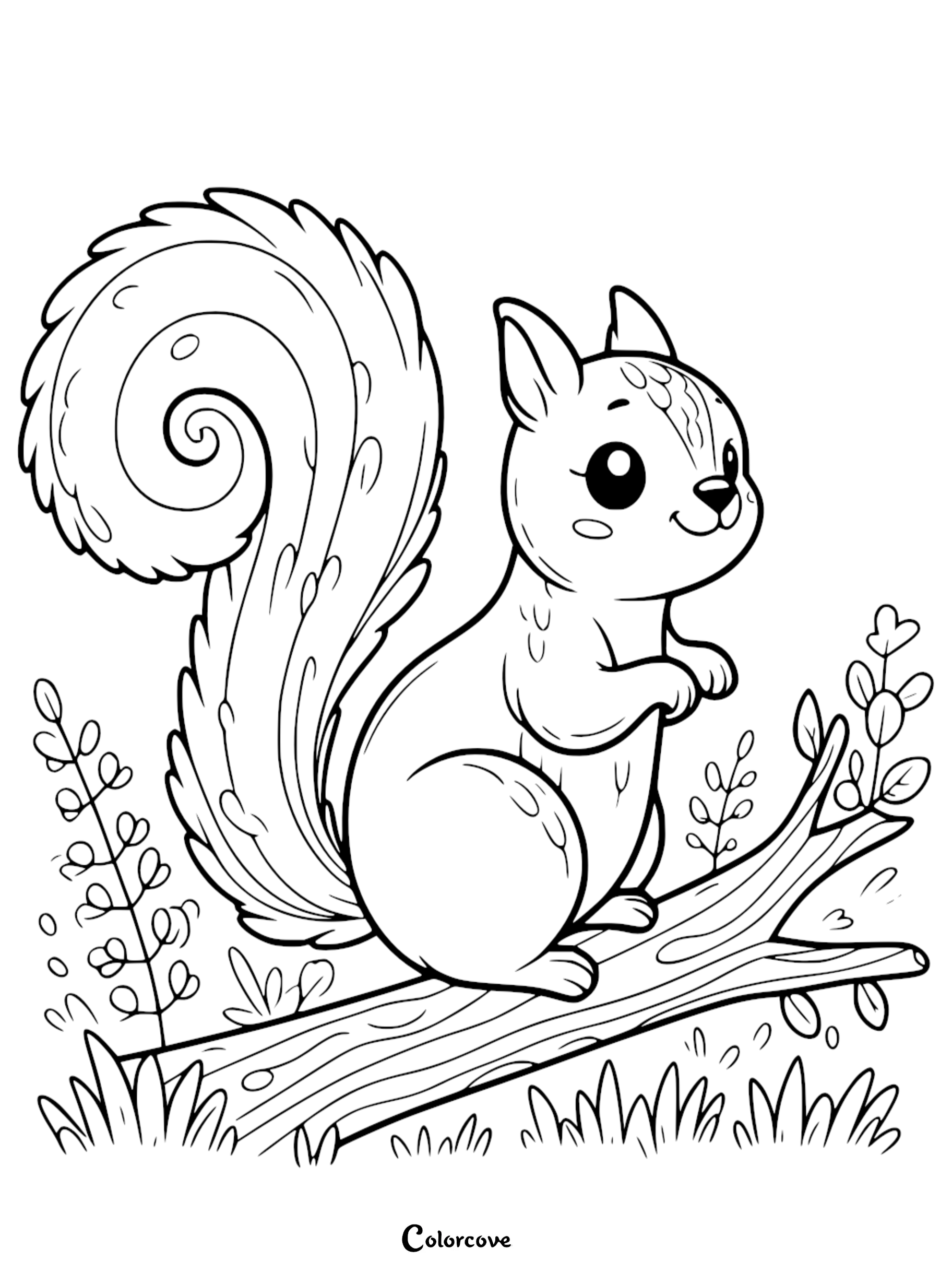 a black and white drawing of a squirrel on a tree branch