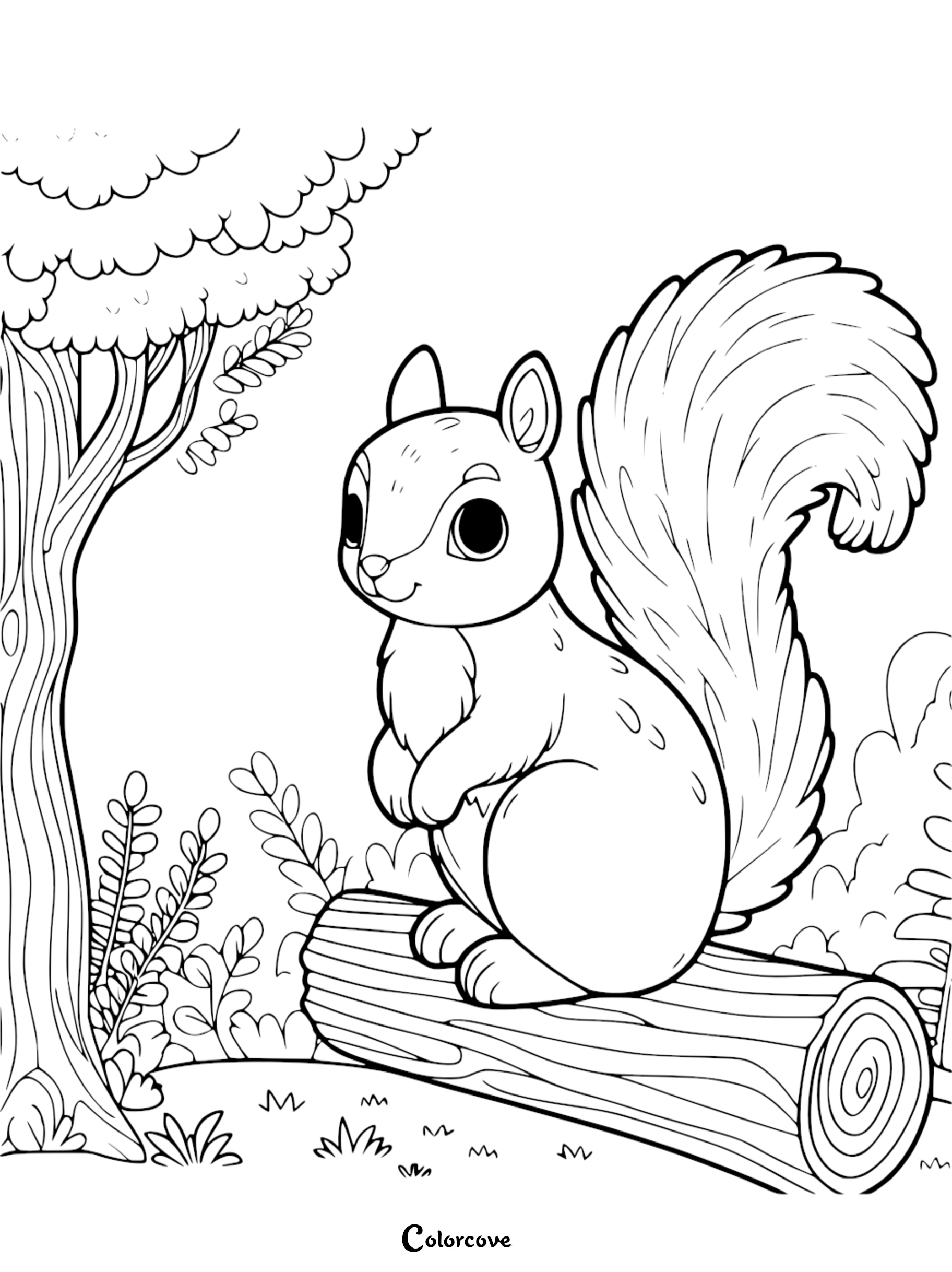 a cartoon squirrel sitting on a log