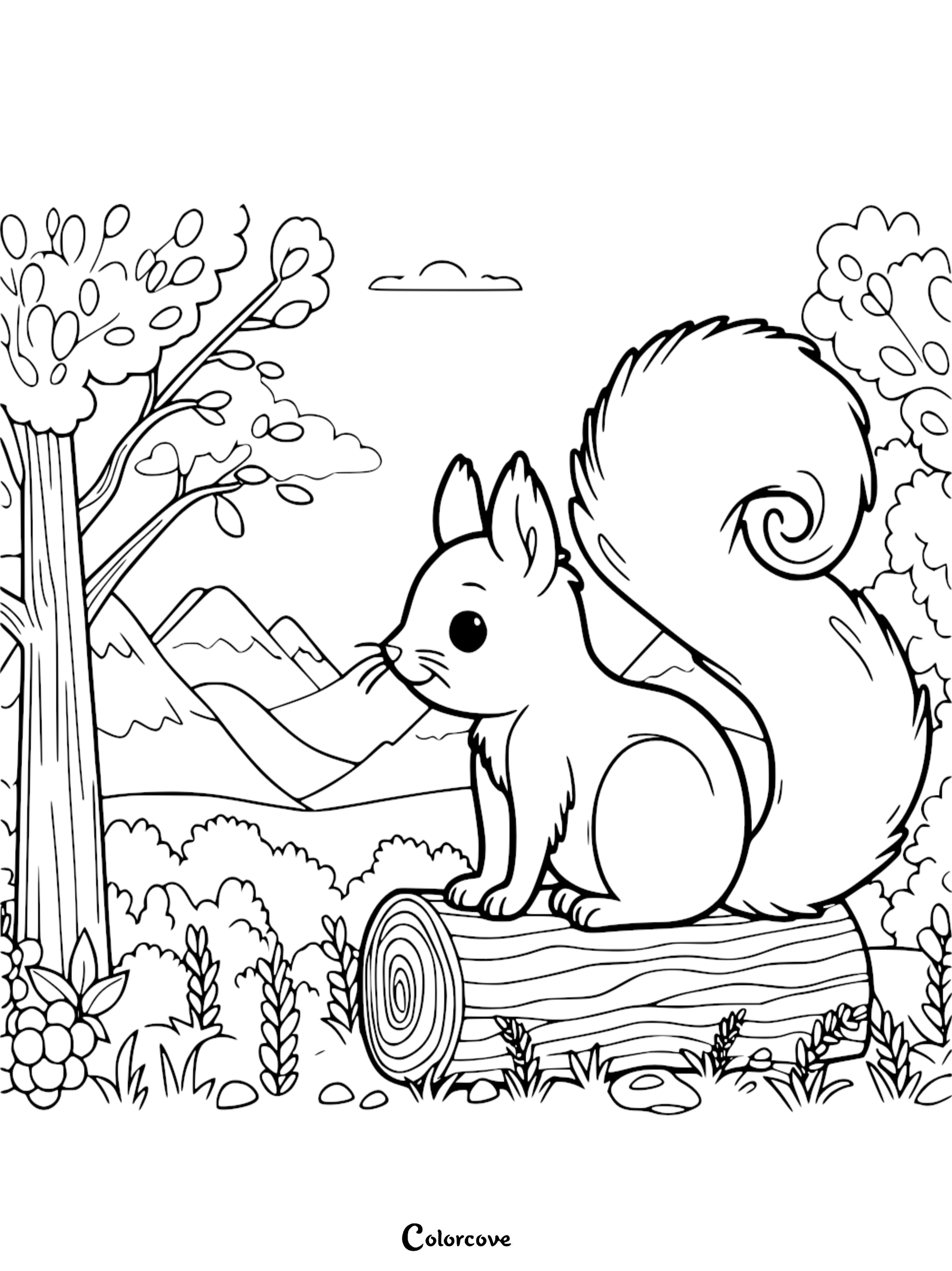 a black and white drawing of a squirrel on a log