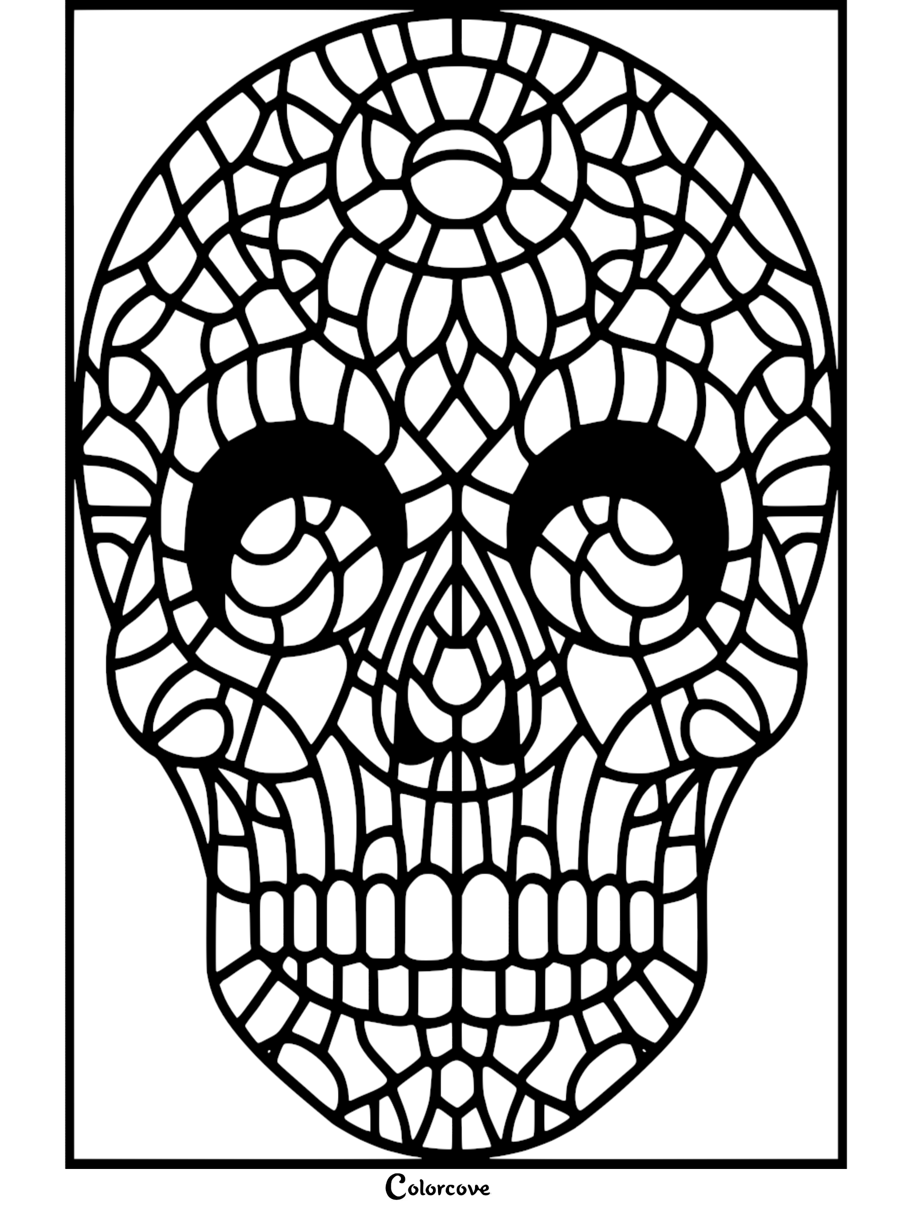 Skull coloring page with intricate mosaic pattern for adult coloring enthusiasts. Perfect for relaxation and creativity.