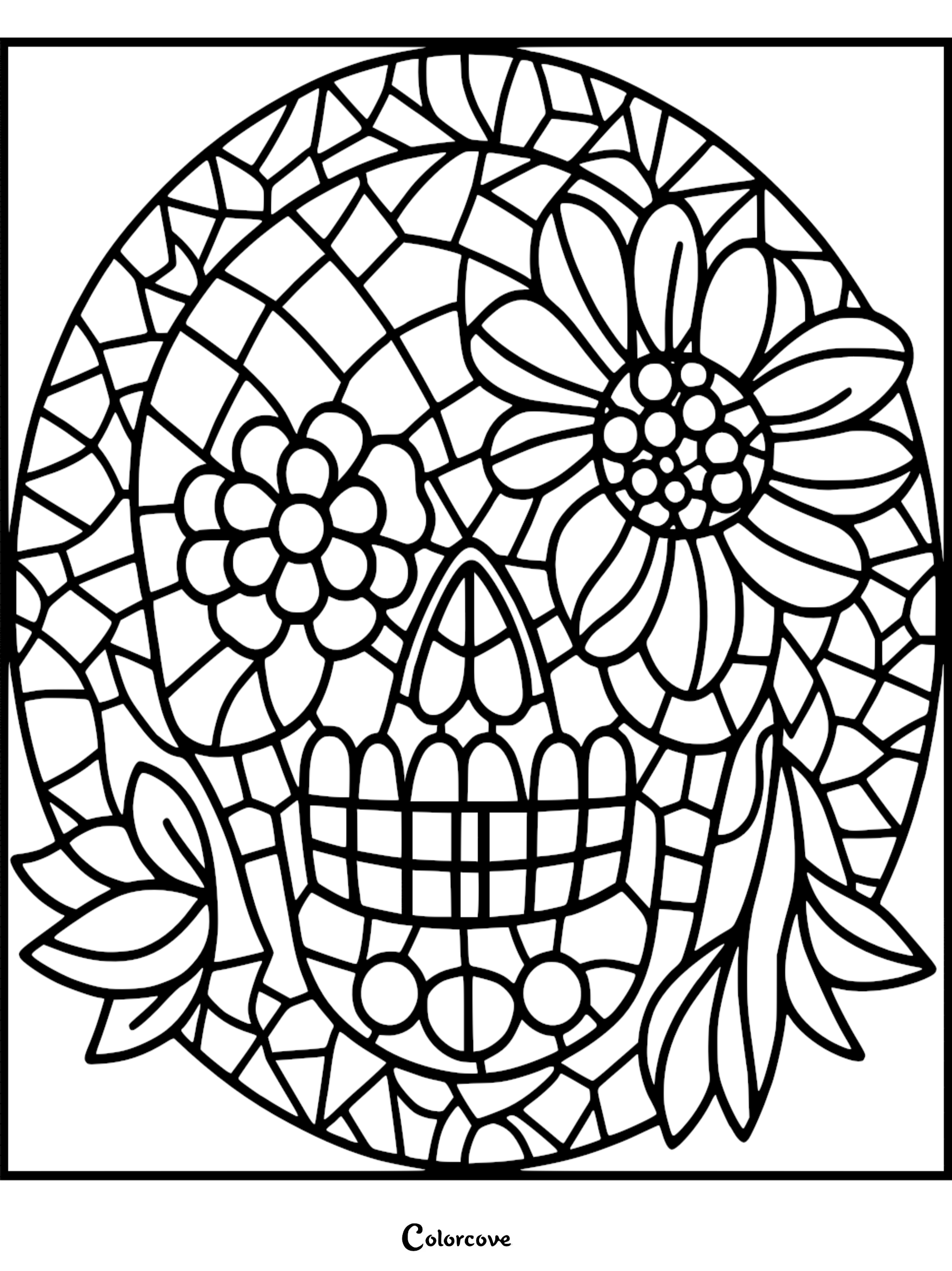Day of the Dead sugar skull coloring page featuring intricate floral and geometric patterns for fun and relaxation.