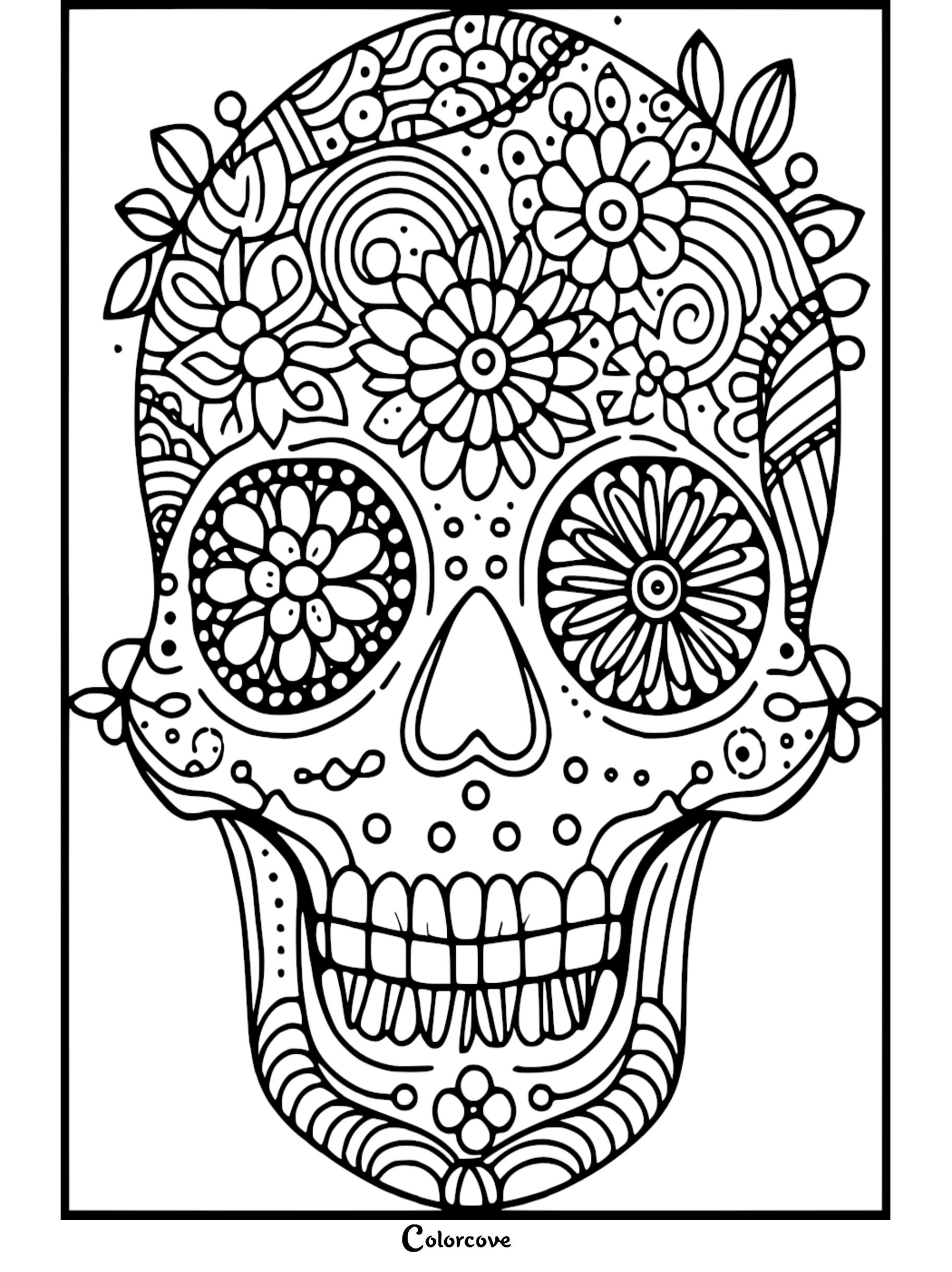 Coloring page featuring an intricate sugar skull design adorned with floral patterns and decorative elements.