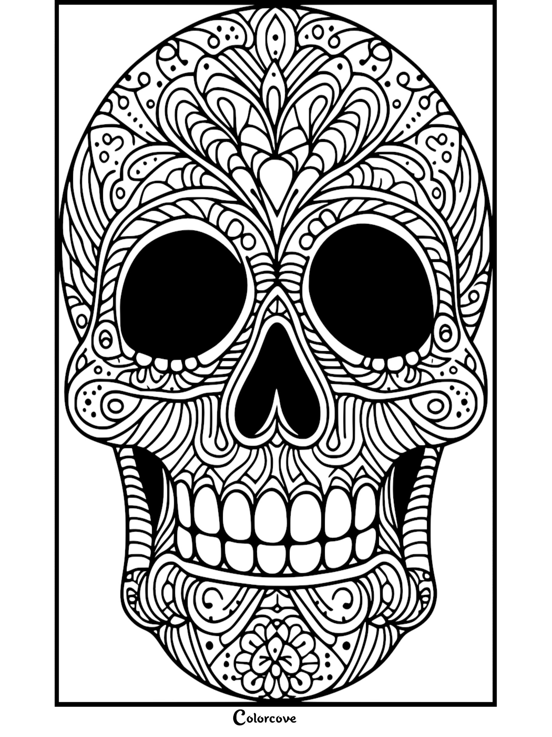 Intricate skull coloring page with detailed patterns and floral designs for creative and therapeutic coloring activities.