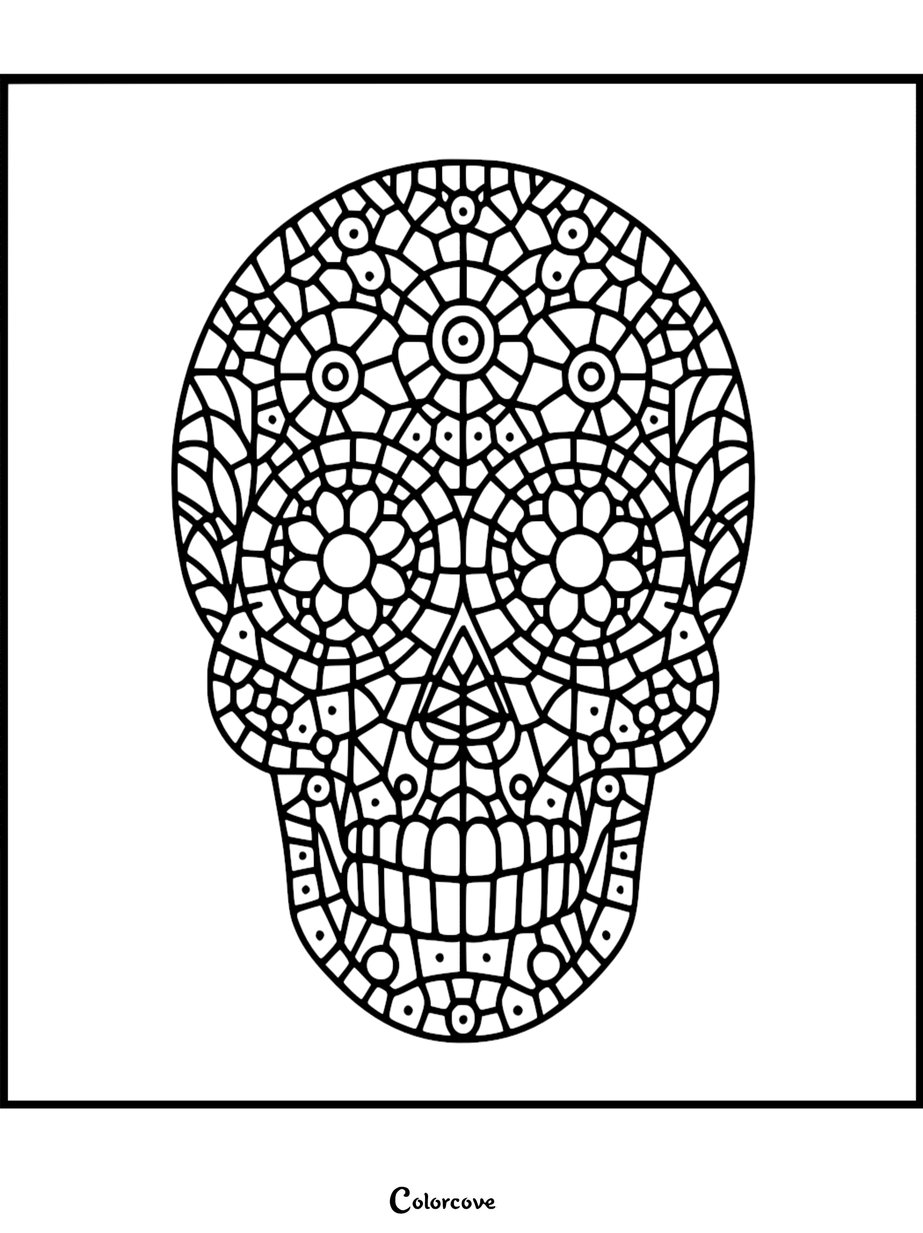 Intricate sugar skull coloring page with floral and geometric patterns for Día de los Muertos. Free to print and color.