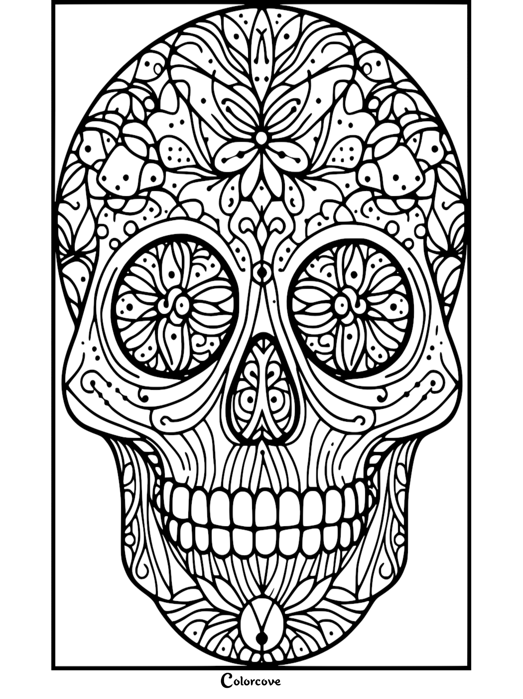 Day of the Dead sugar skull coloring page with intricate floral patterns. Coloring activity for adults and kids.