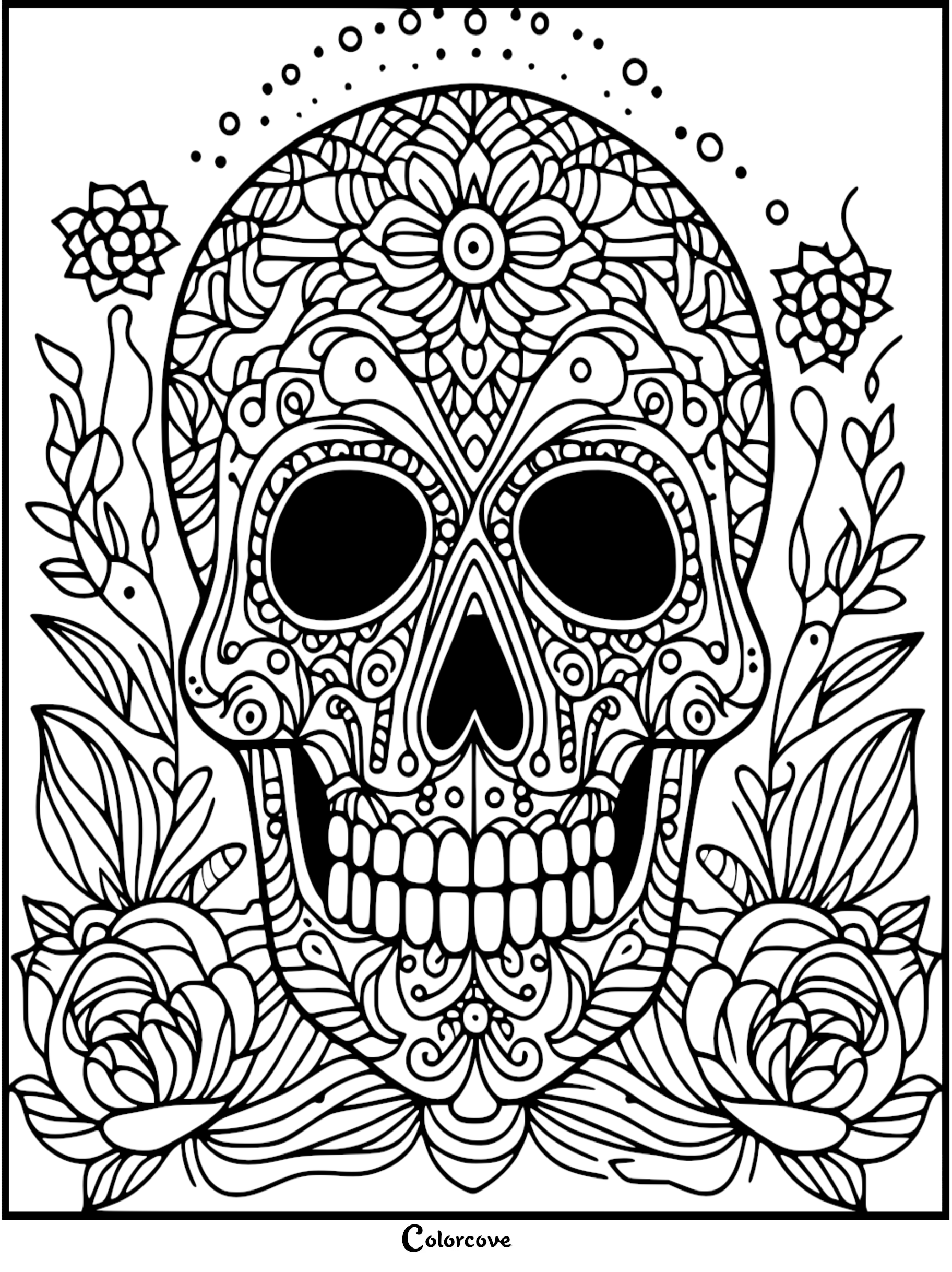 Intricate sugar skull coloring page with floral designs and mandala patterns, perfect for Dia de los Muertos activities.