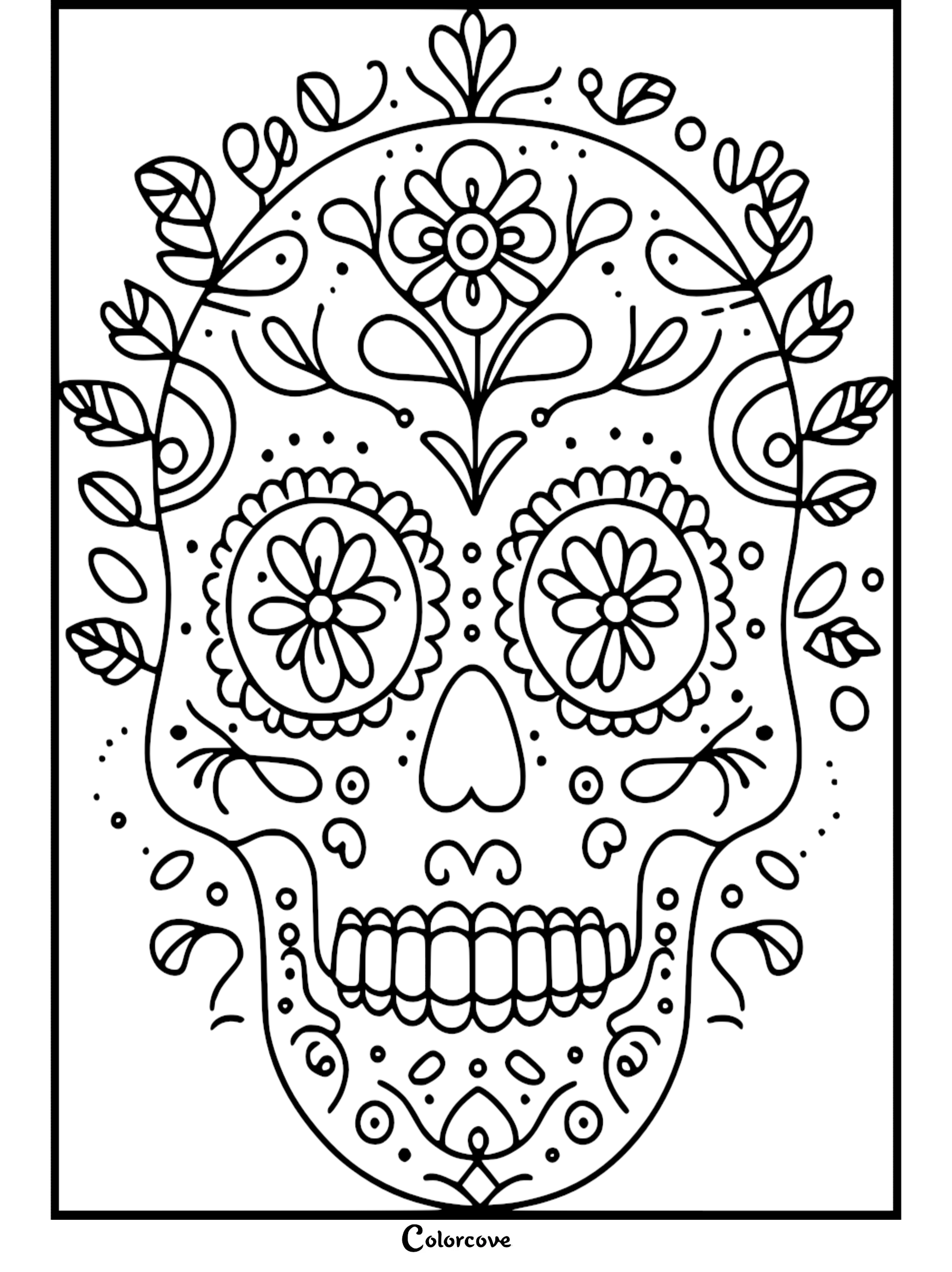Intricate Day of the Dead sugar skull coloring page with floral patterns, ideal for creative adults and kids.