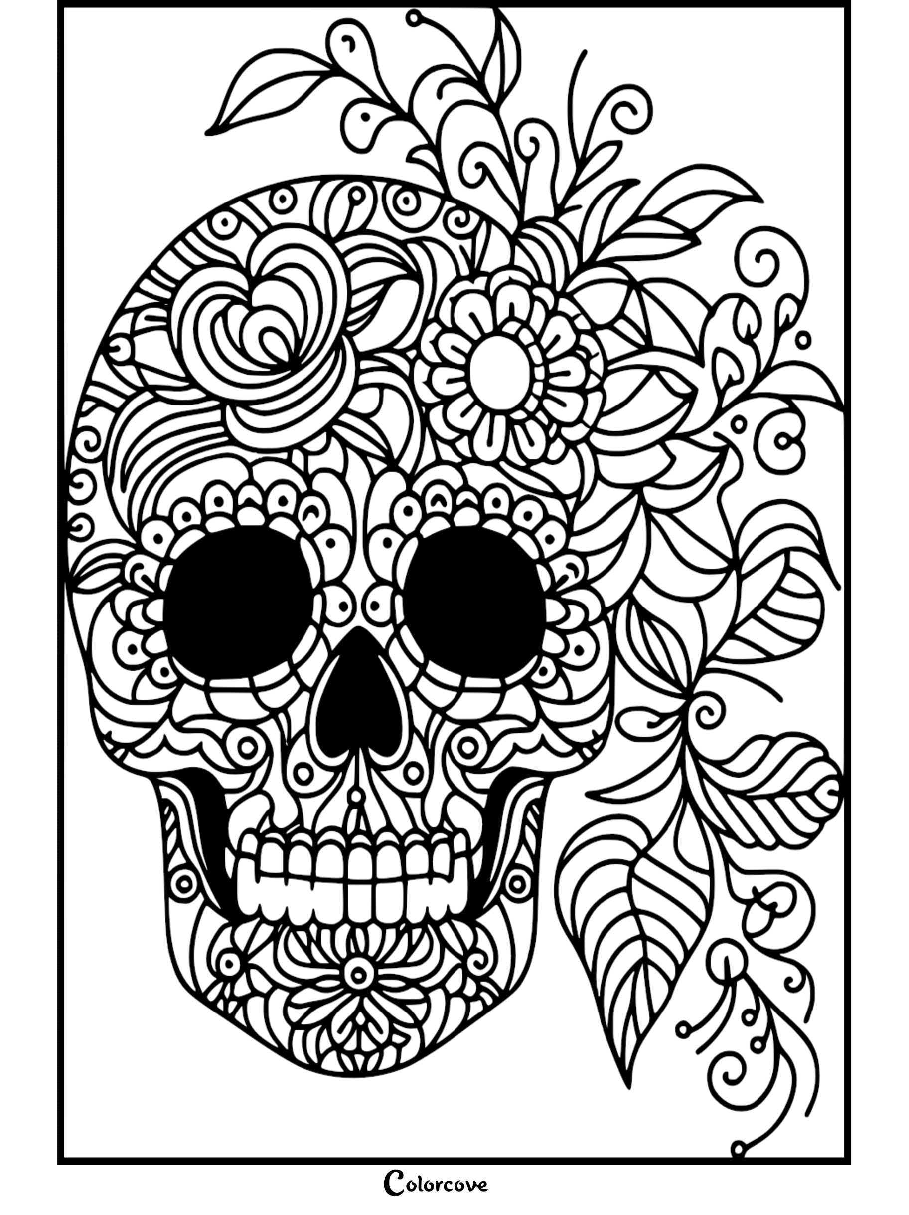 Ornate skull coloring page with floral and leaf patterns, suitable for adult coloring enthusiasts.