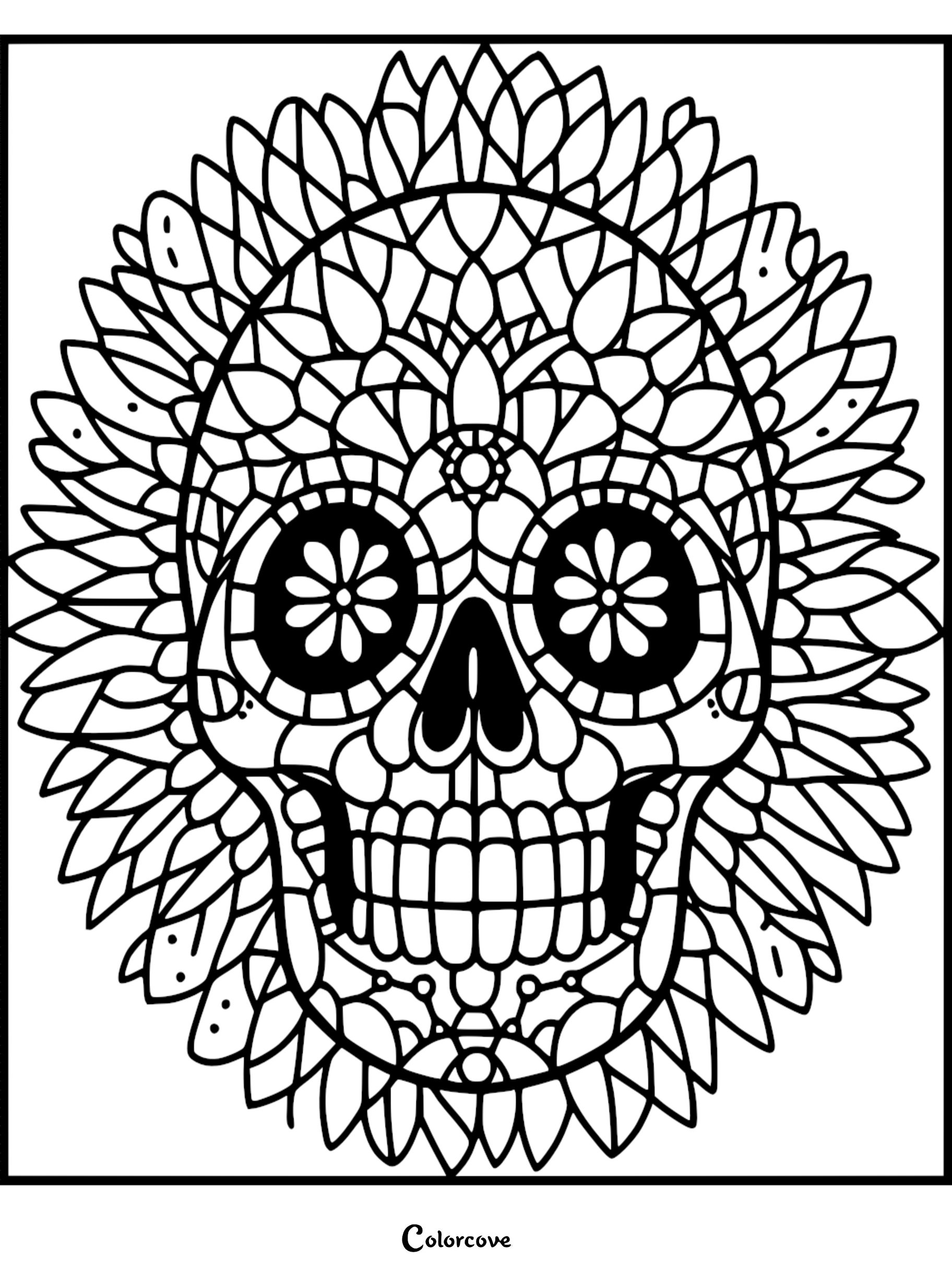 Intricate mandala skull coloring page with floral designs for adults. Printable from colorcove.org.