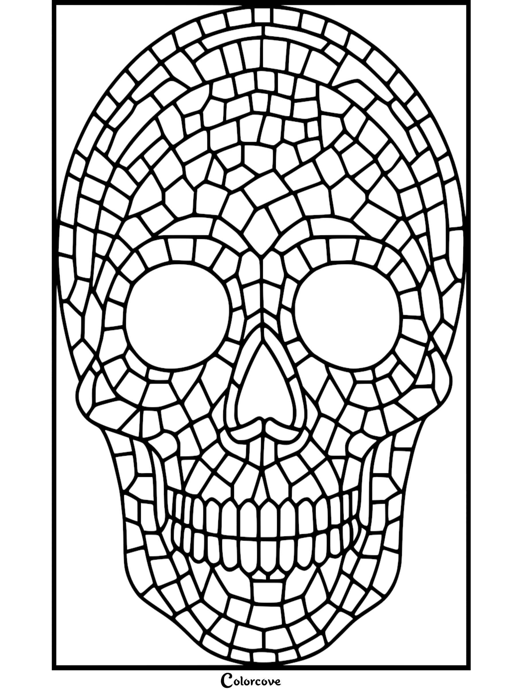 Stained glass skull coloring page for adults, free printable design by colorcove.org for stress relief and creativity.