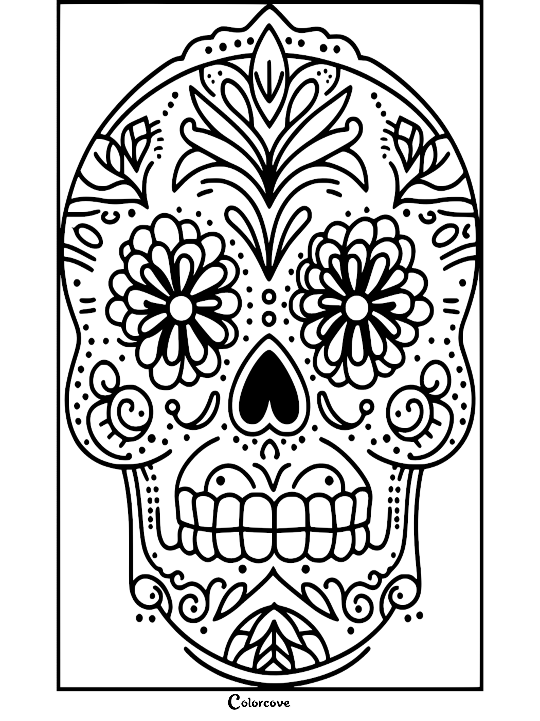Day of the Dead sugar skull coloring page with intricate floral patterns and decorative designs for kids and adults.