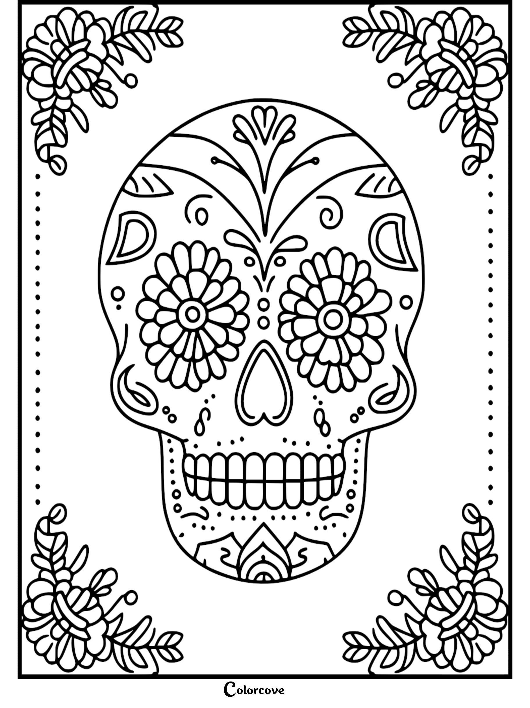 Day of the Dead sugar skull coloring page with intricate floral designs, perfect for kids and adults to celebrate.