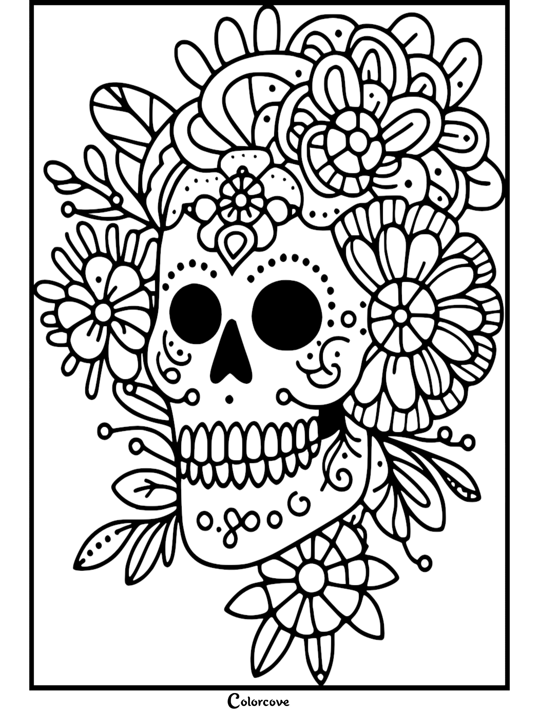 Day of the Dead sugar skull coloring page with intricate floral designs and patterns for kids and adults to color.
