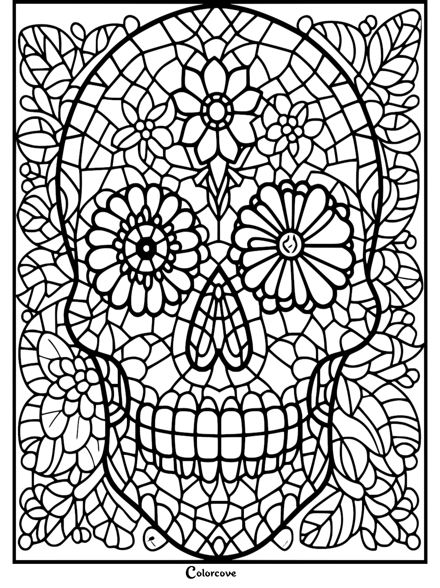 Day of the Dead sugar skull coloring page with intricate floral patterns and designs for creative coloring fun.