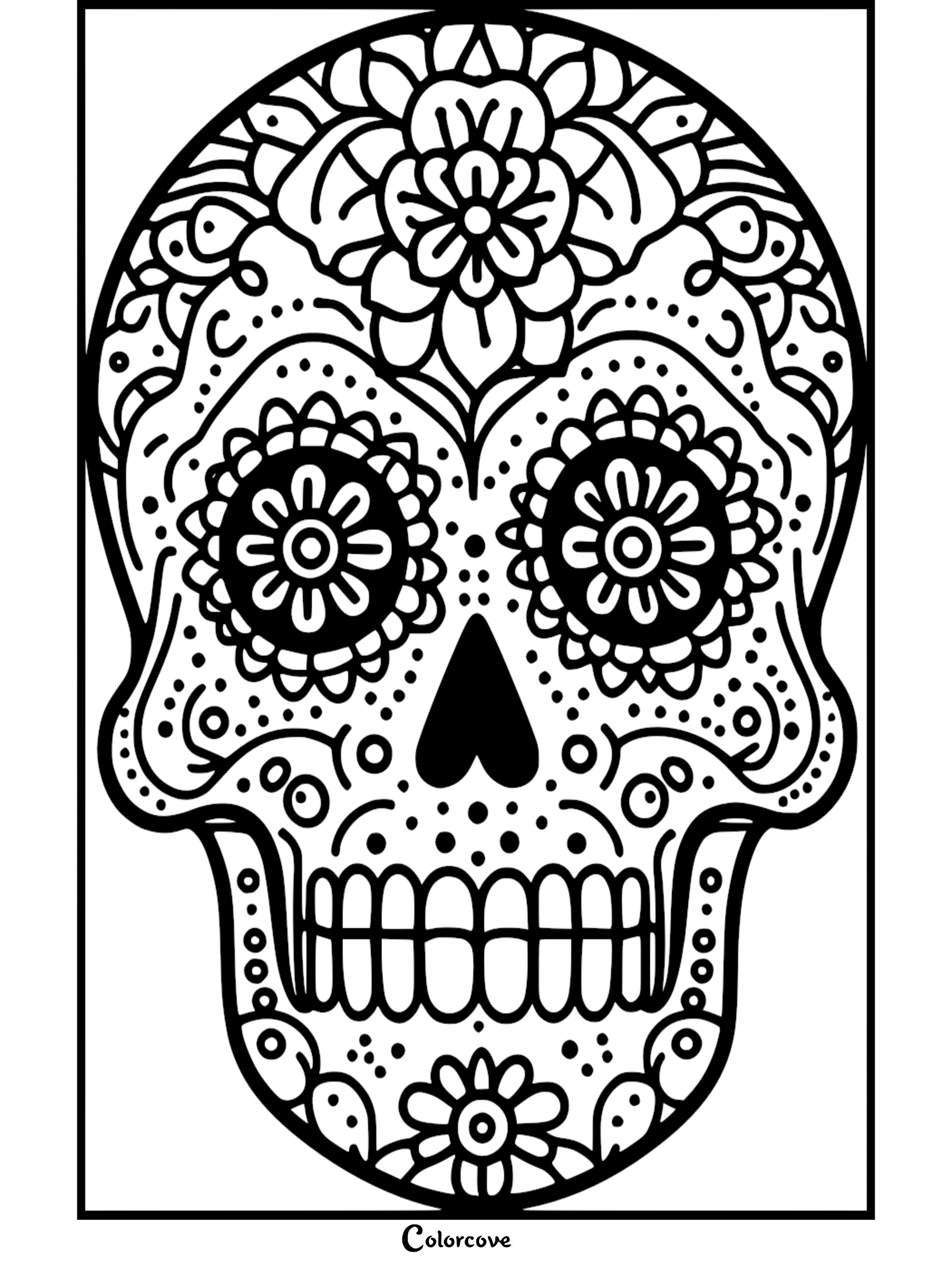 Day of the Dead sugar skull coloring page featuring intricate floral and geometric patterns from colorcove.org.