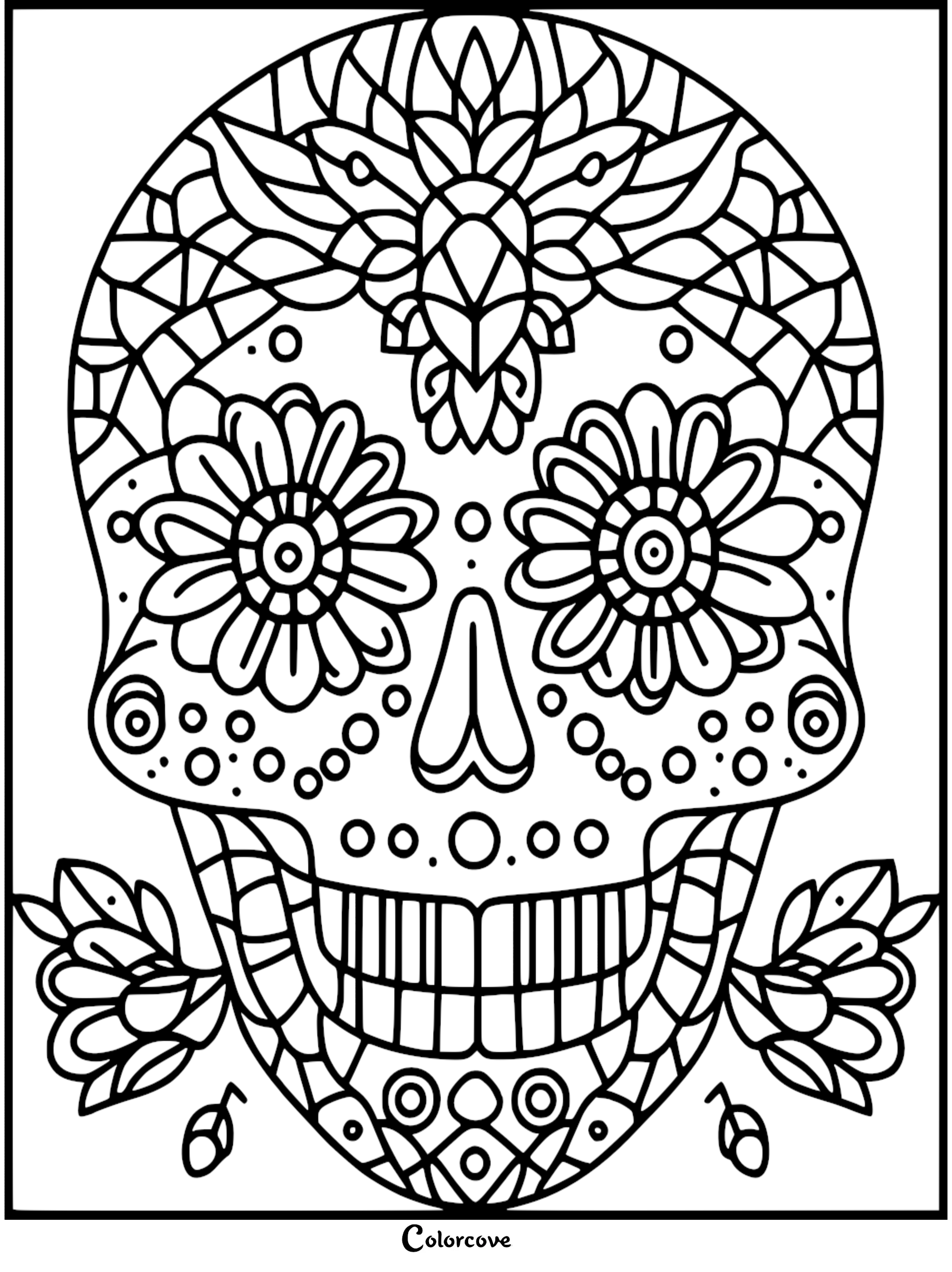 Decorative sugar skull coloring page with intricate floral and geometric patterns from ColorCove.org.