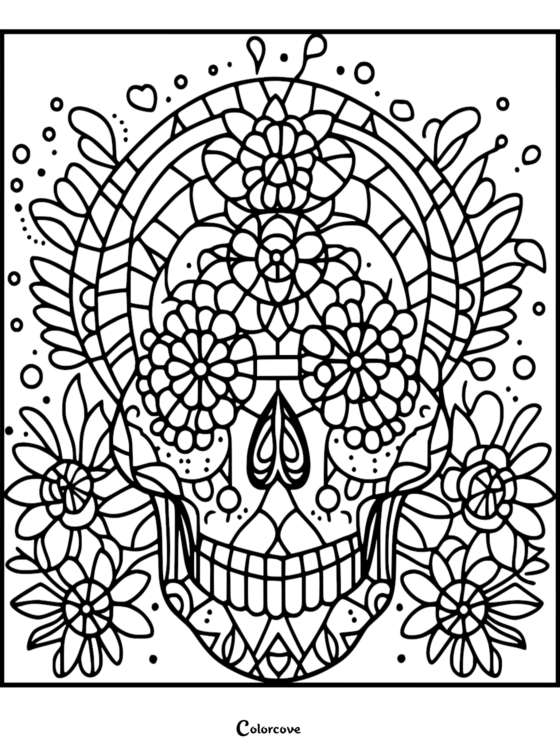 Intricate skull coloring page with floral and geometric patterns, perfect for Dia de los Muertos or Day of the Dead activities.
