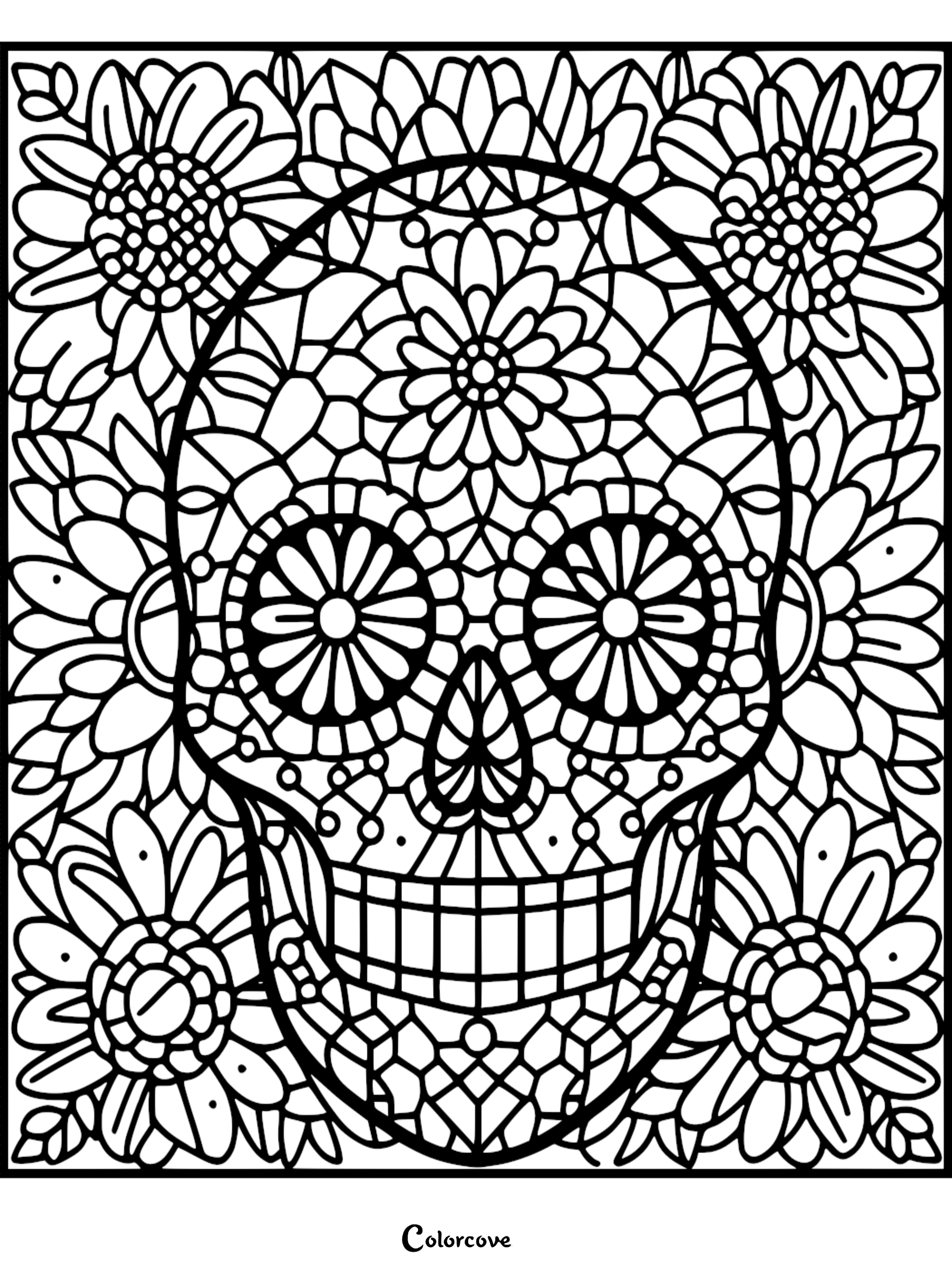 Day of the Dead themed coloring page with an intricately designed sugar skull surrounded by flowers and geometric patterns.