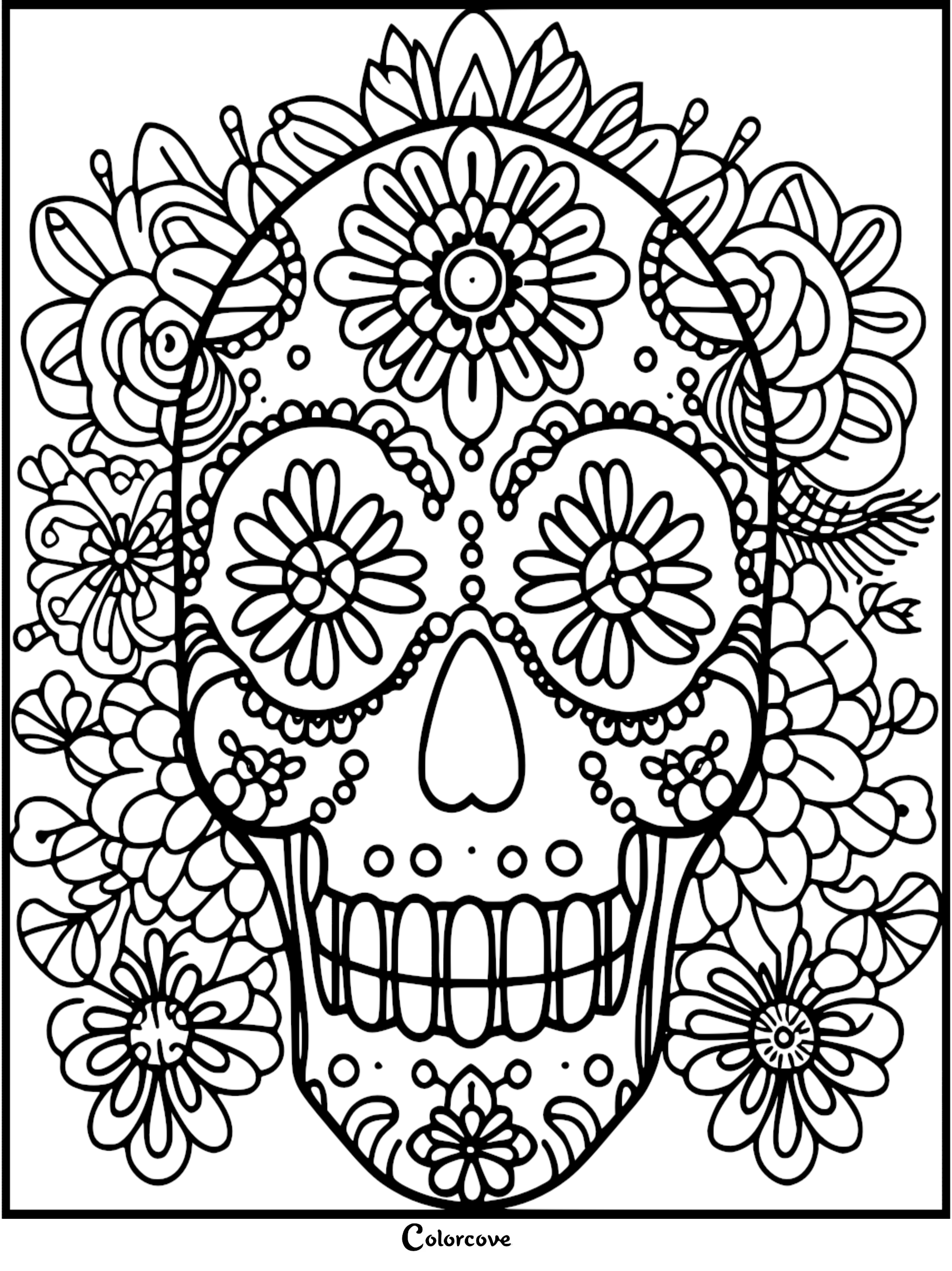 Day of the Dead sugar skull coloring page, intricately designed with flowers, ready for vibrant colors.