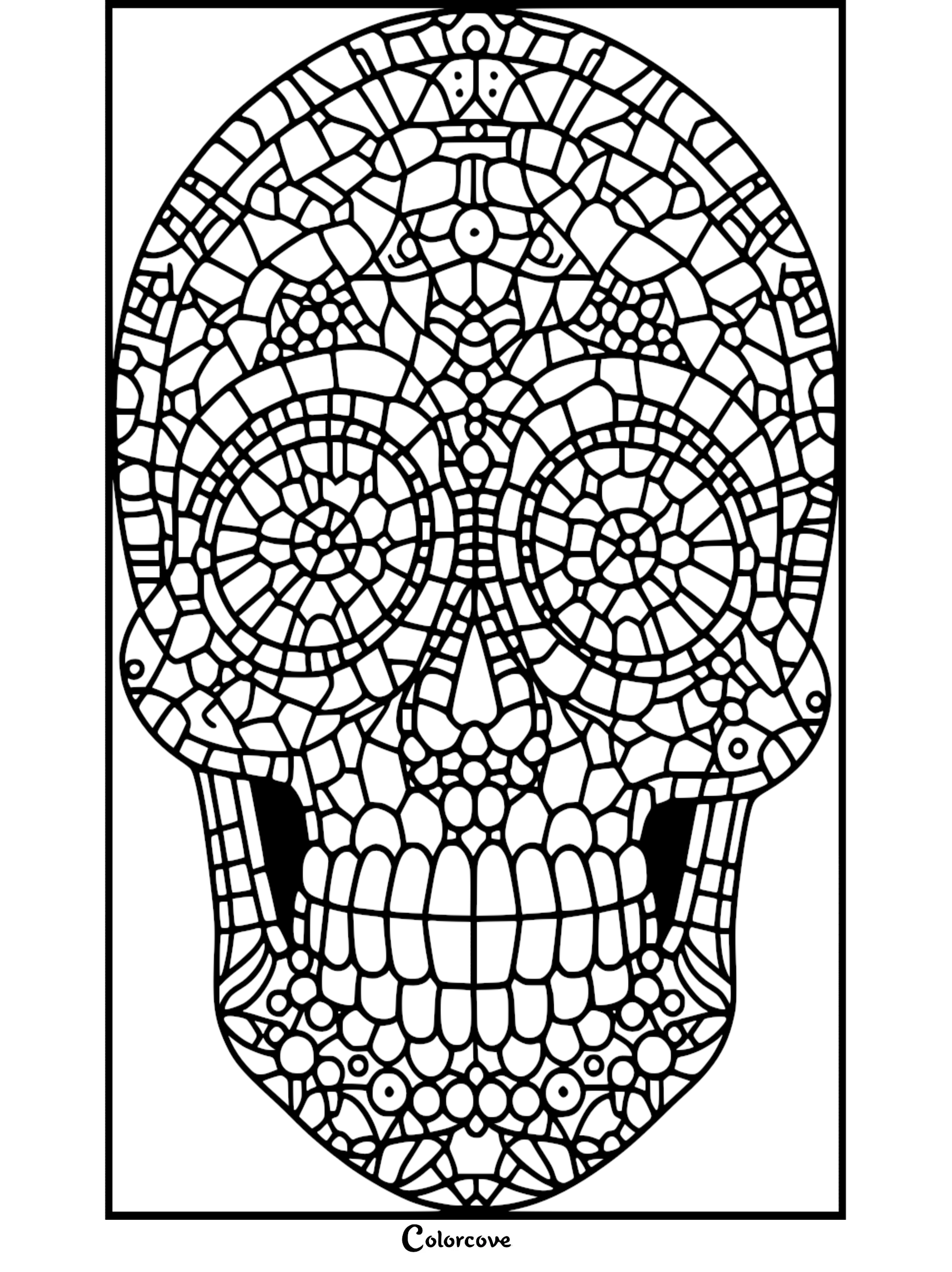 Detailed coloring page featuring an intricate sugar skull design with geometric patterns and floral elements from colorcove.org.