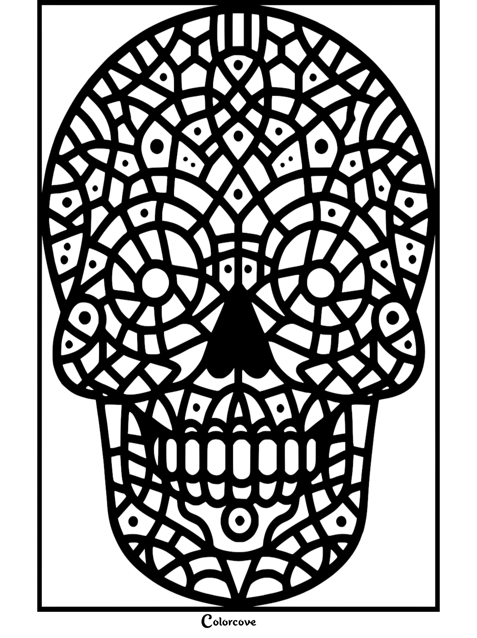 Intricate skull coloring page with geometric patterns from colorcove.org, perfect for creativity and relaxation.