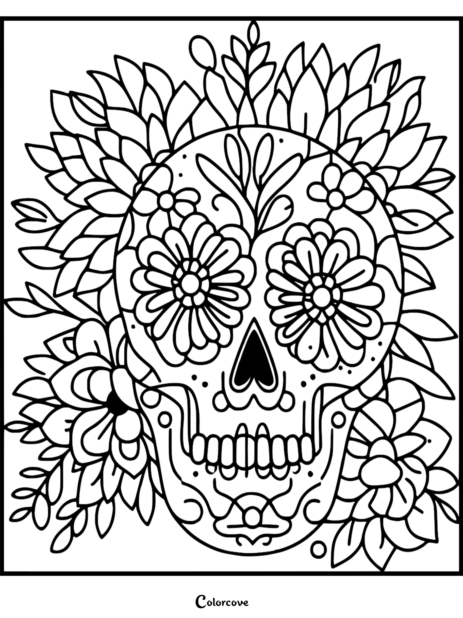 Day of the Dead sugar skull coloring page with floral patterns and decorative elements. Free printable from colorcove.org.