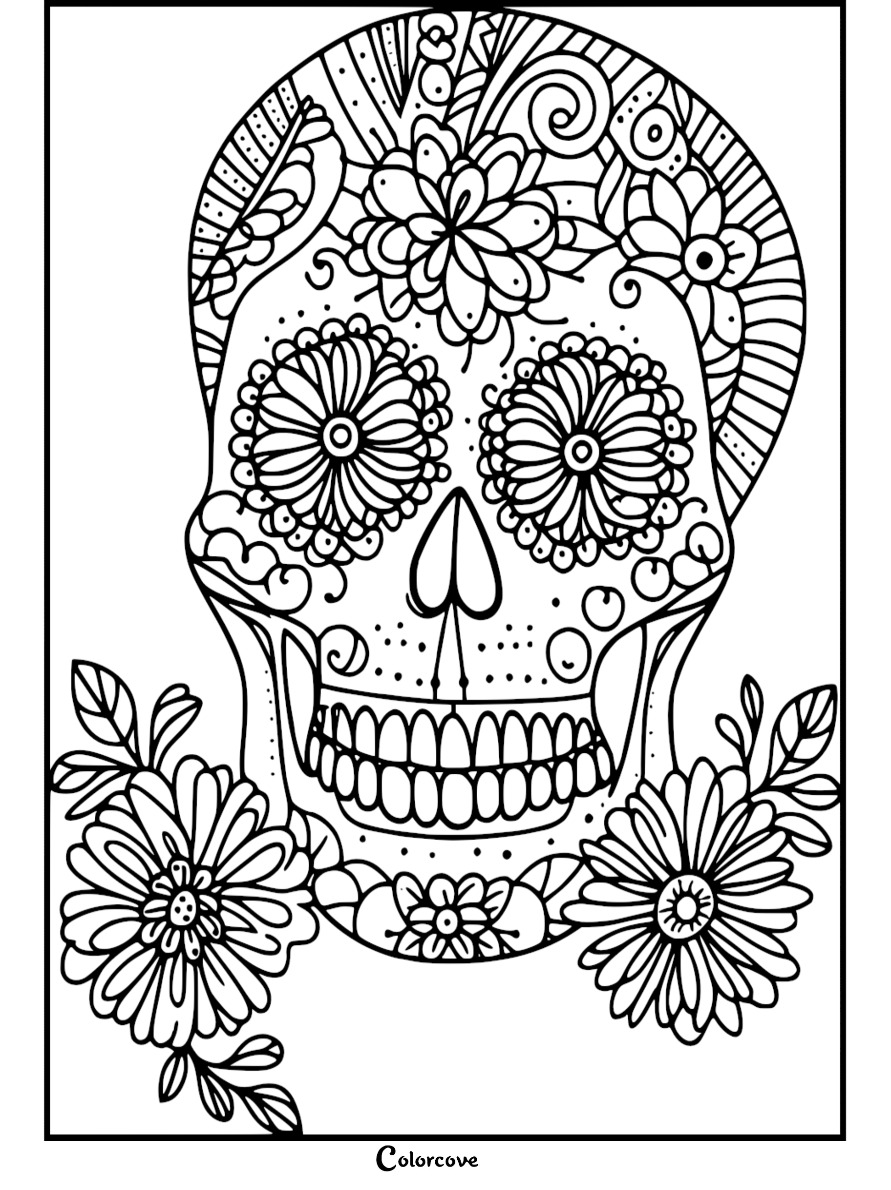 Intricate Day of the Dead sugar skull coloring page with floral and abstract patterns, colorcove.org.
