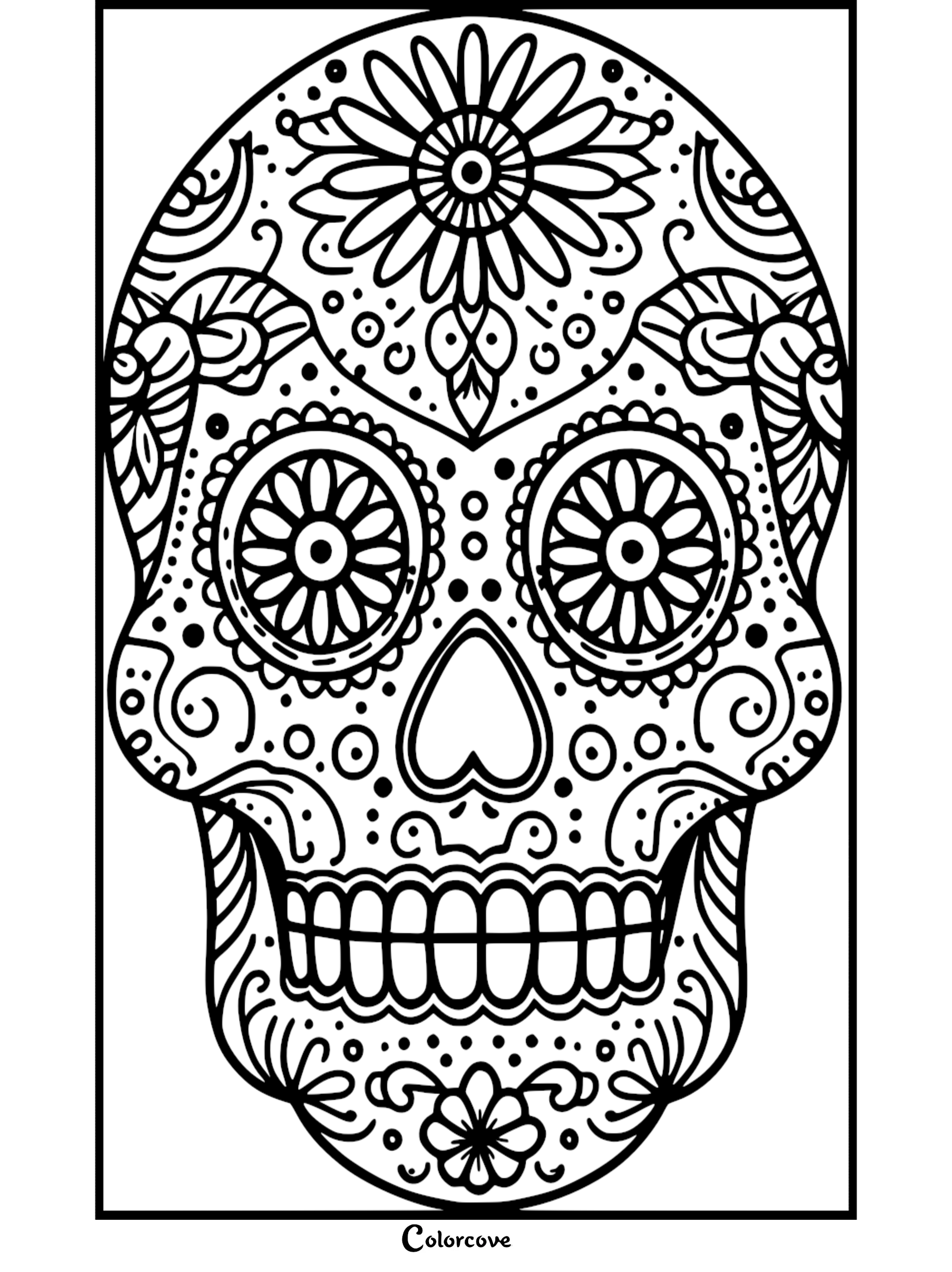 Day of the Dead sugar skull coloring page with intricate floral and geometric patterns for adults and kids - colorcove.org