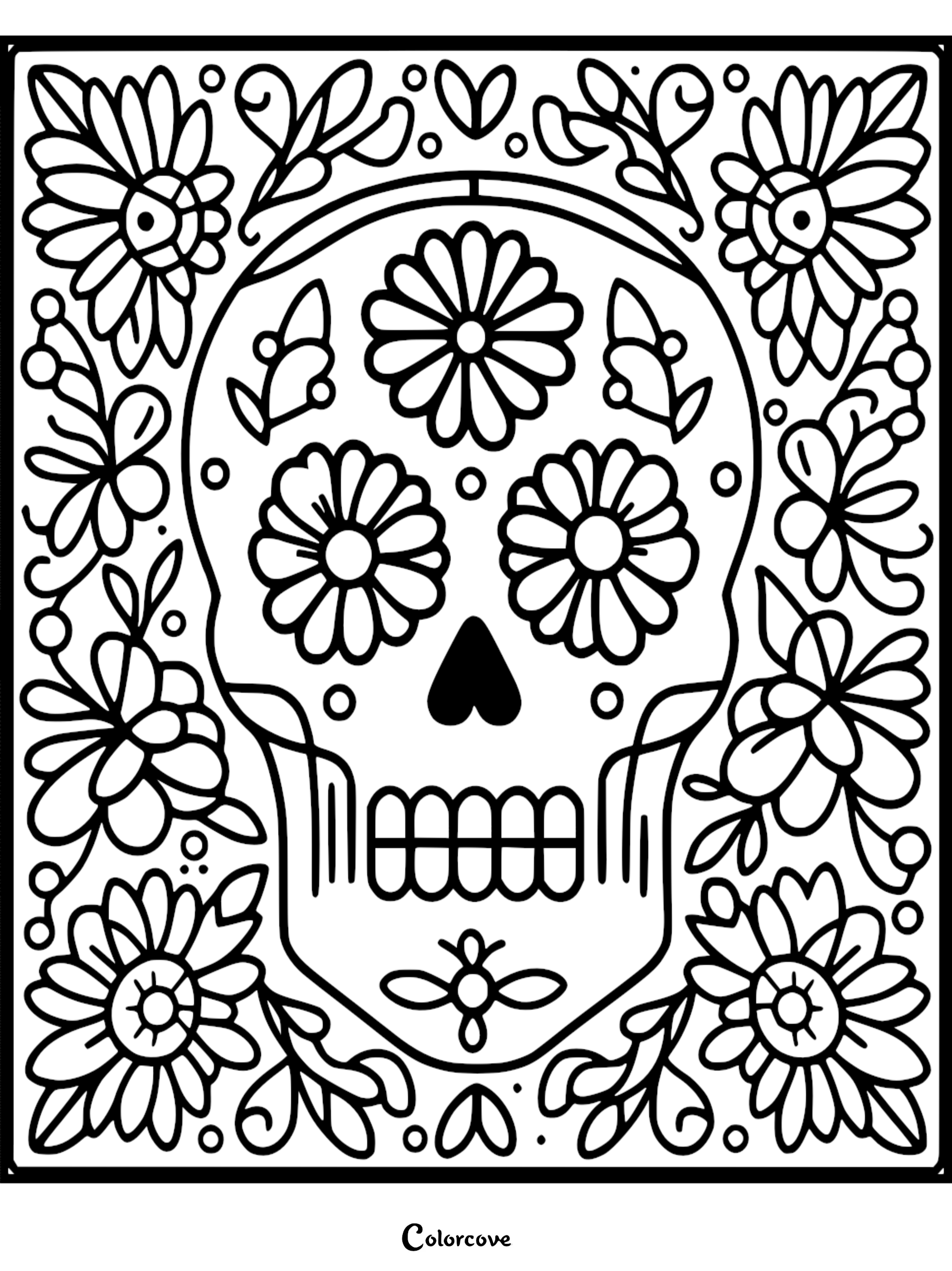 Day of the Dead sugar skull coloring page with floral patterns and intricate designs for kids and adults to color.