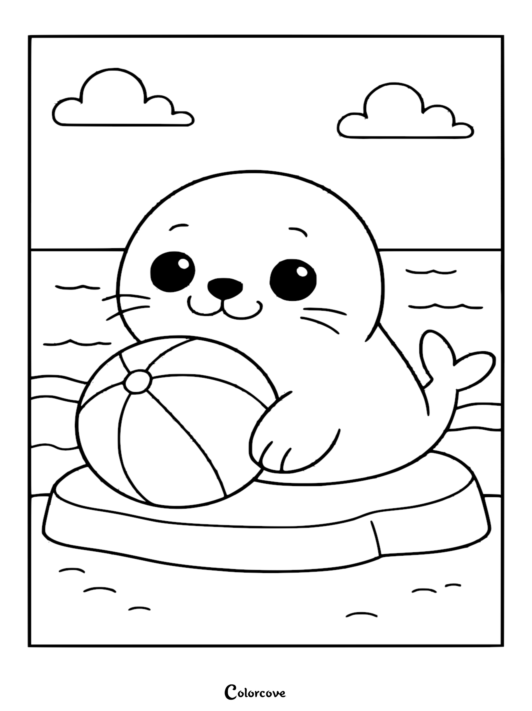 A cute cartoon seal resting on a small floating island while playing with a striped beach ball, perfect printable coloring page.