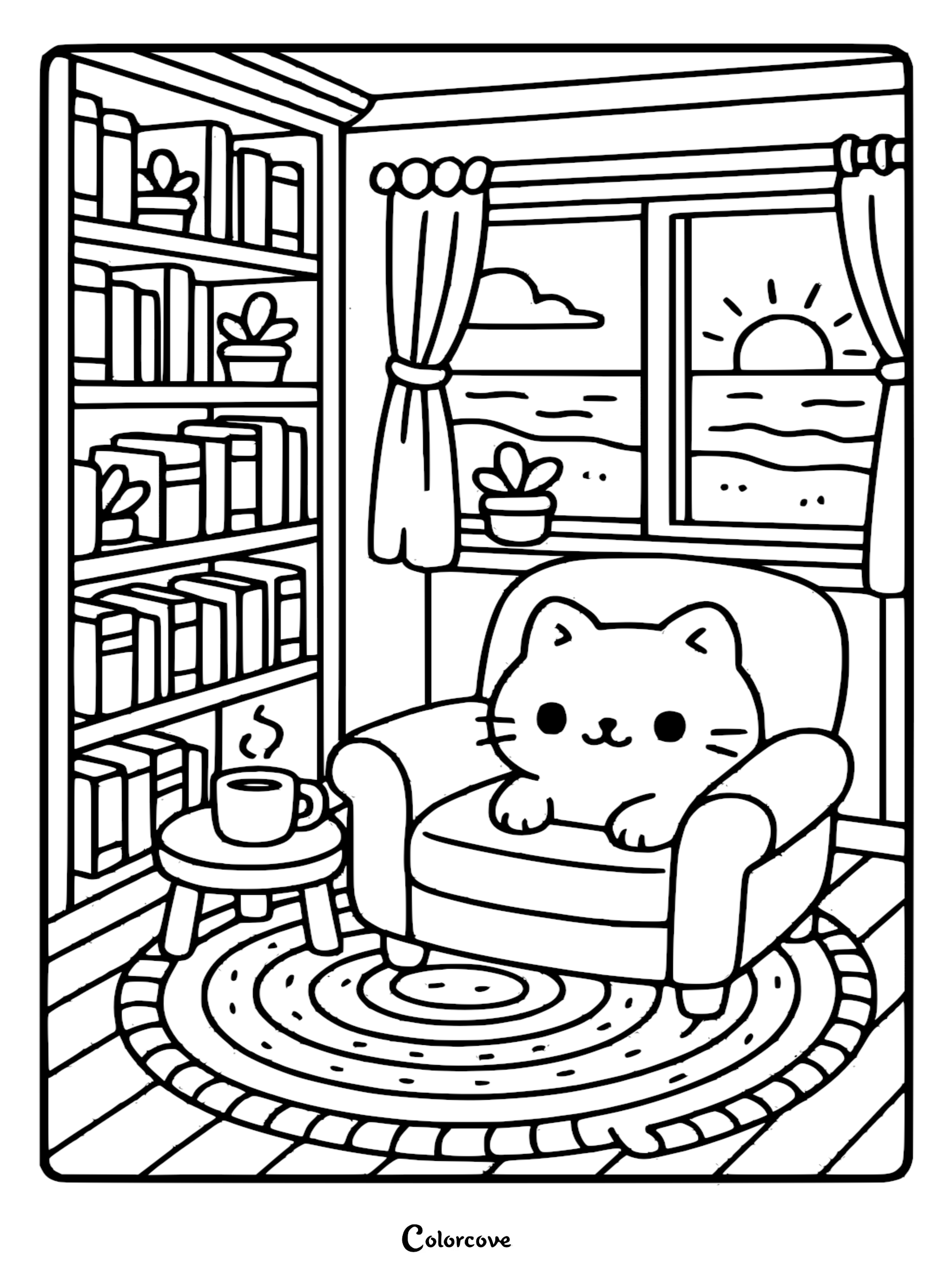 A cute cartoon cat sitting in a comfy armchair inside a room with a tropical ocean sunset view, featuring a bookshelf, a warm mug on a side table, and a round rug in this printable coloring page.