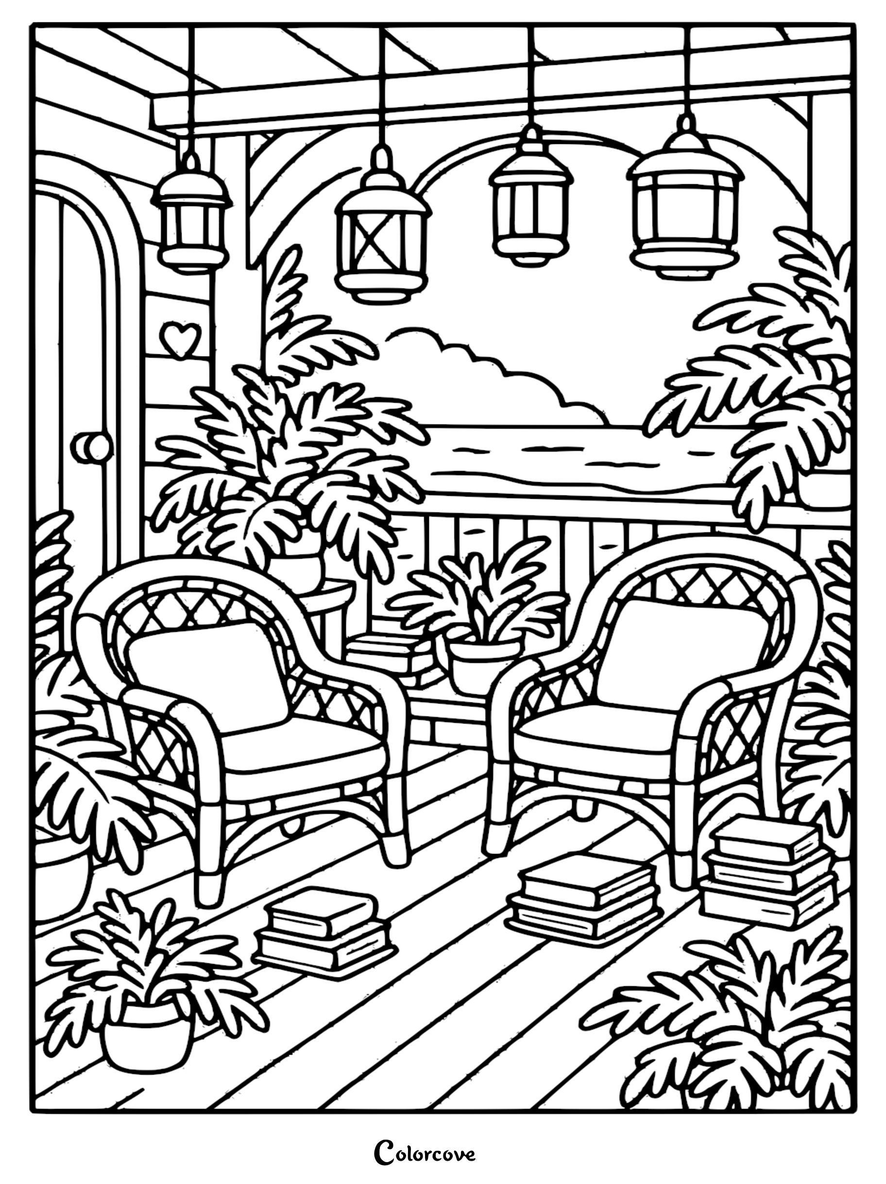 A relaxing tropical island balcony coloring page featuring two wicker chairs, potted palm plants, stacks of books, and hanging lanterns overlooking an ocean view.