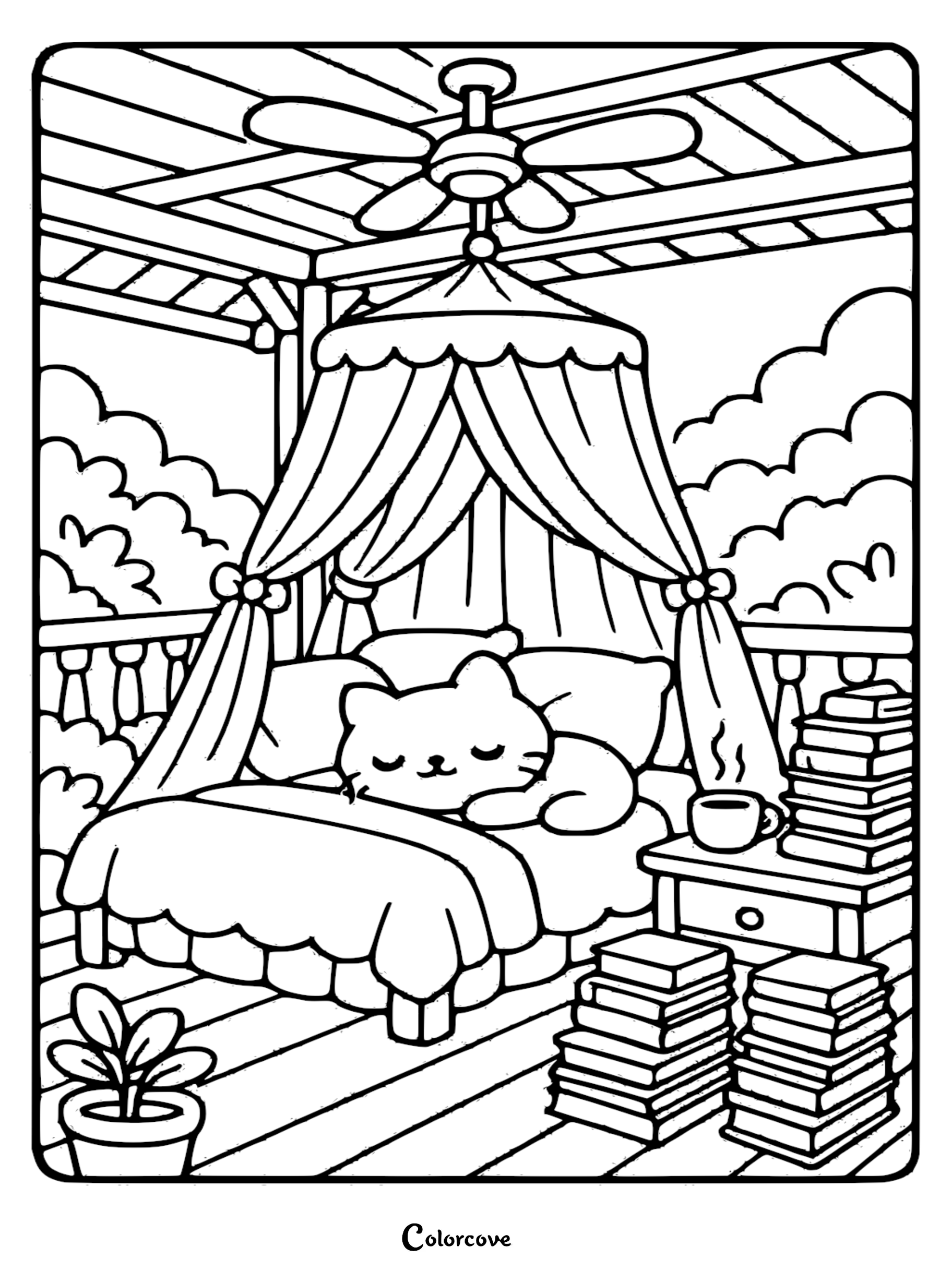 A cute cartoon cat sleeping in a canopy bed on a tropical porch, featuring ceiling fans, stacks of books, and a steaming mug, perfect as a relaxing coloring page.