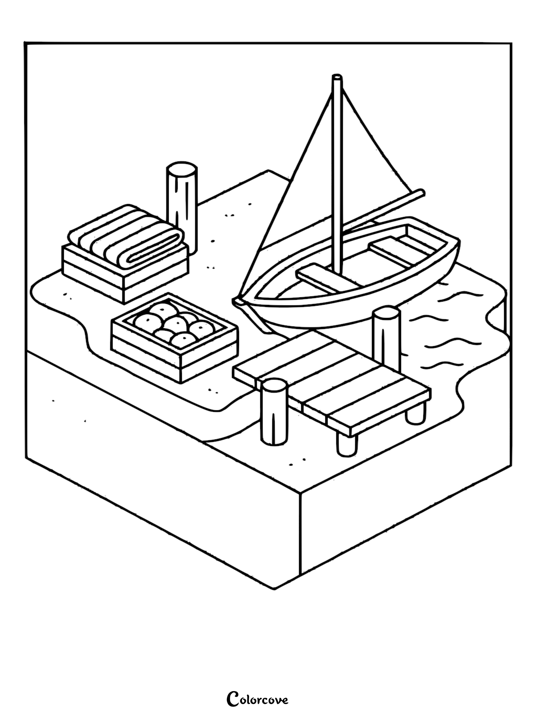 Isometric line art coloring page of a small sailboat moored to a wooden dock on a tropical island beach with a crate of fruit and folded towels.