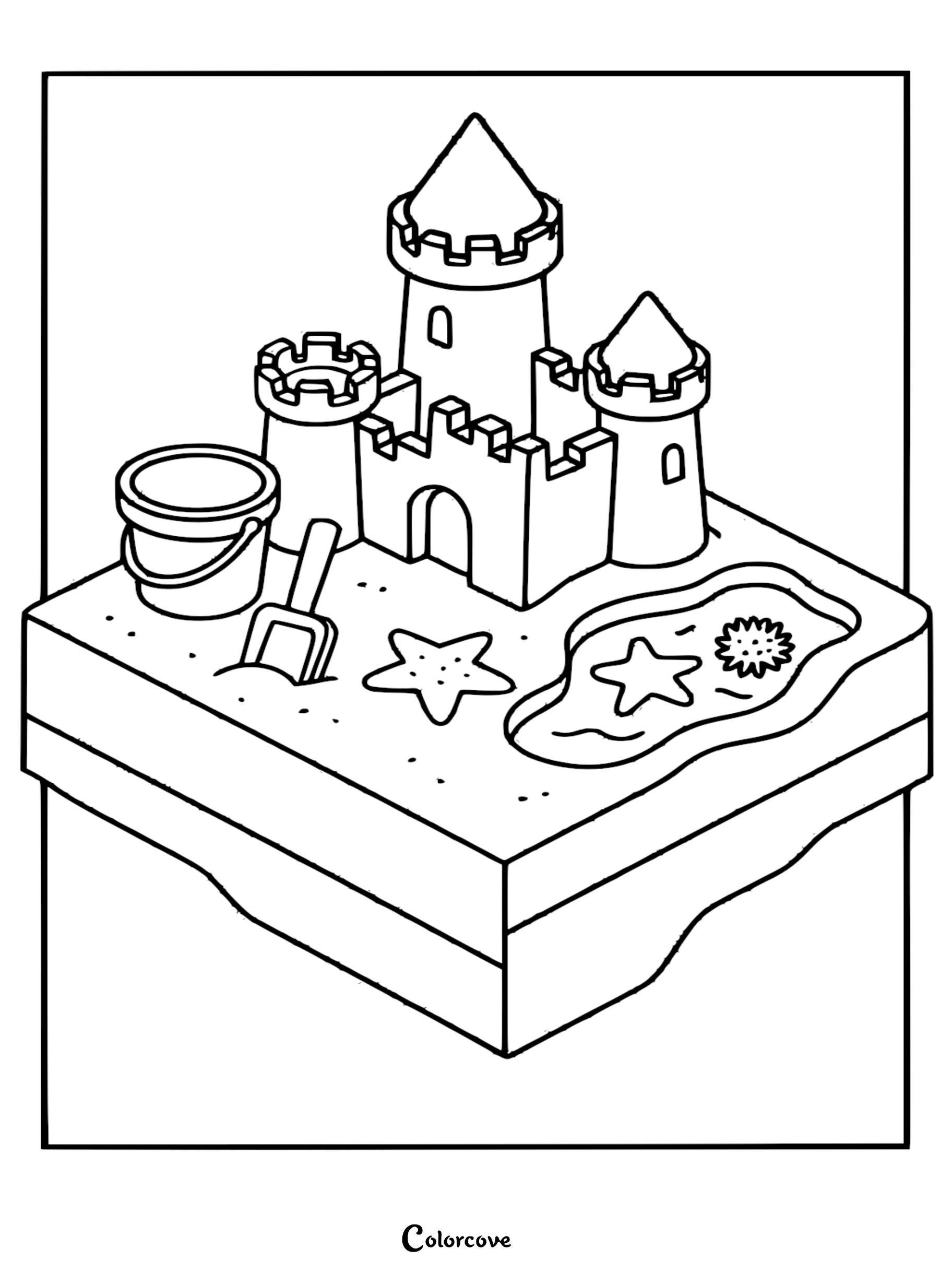 A detailed isometric sandcastle coloring page featuring a bucket, shovel, starfish, and sea urchin on a sandy beach island.