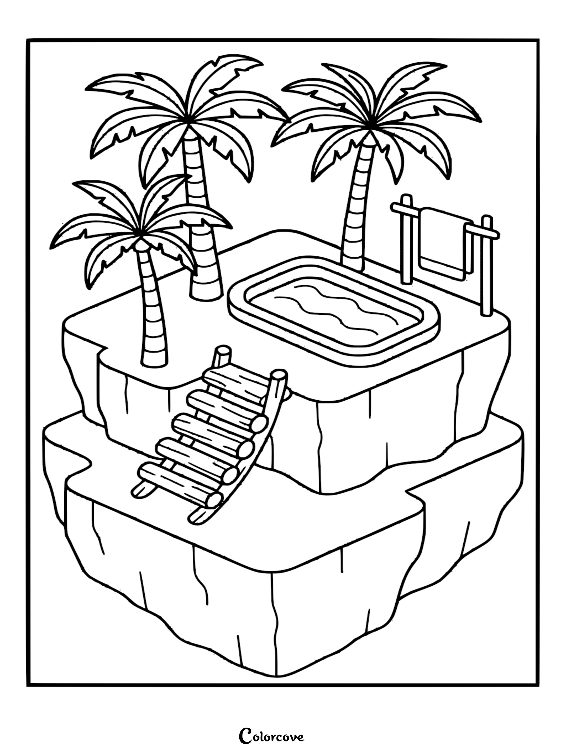 A whimsical coloring page of a two-tiered floating island featuring a pool, palm trees, and a wooden ladder.