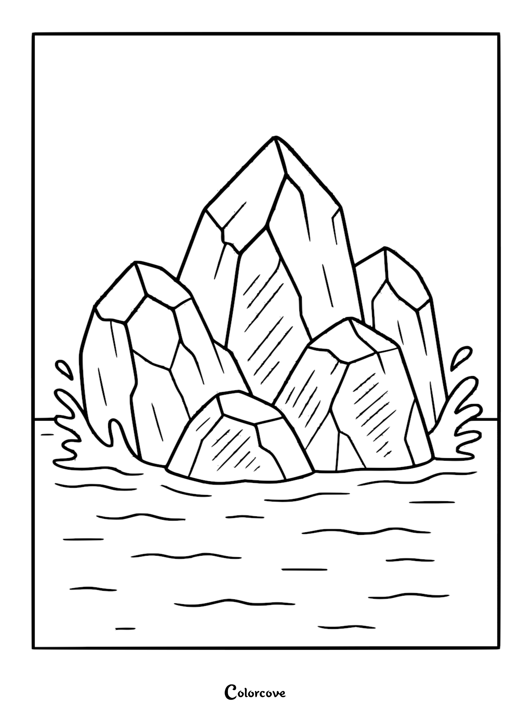 A printable coloring page featuring jagged rocky cliffs rising from calm ocean waves in a tropical setting.