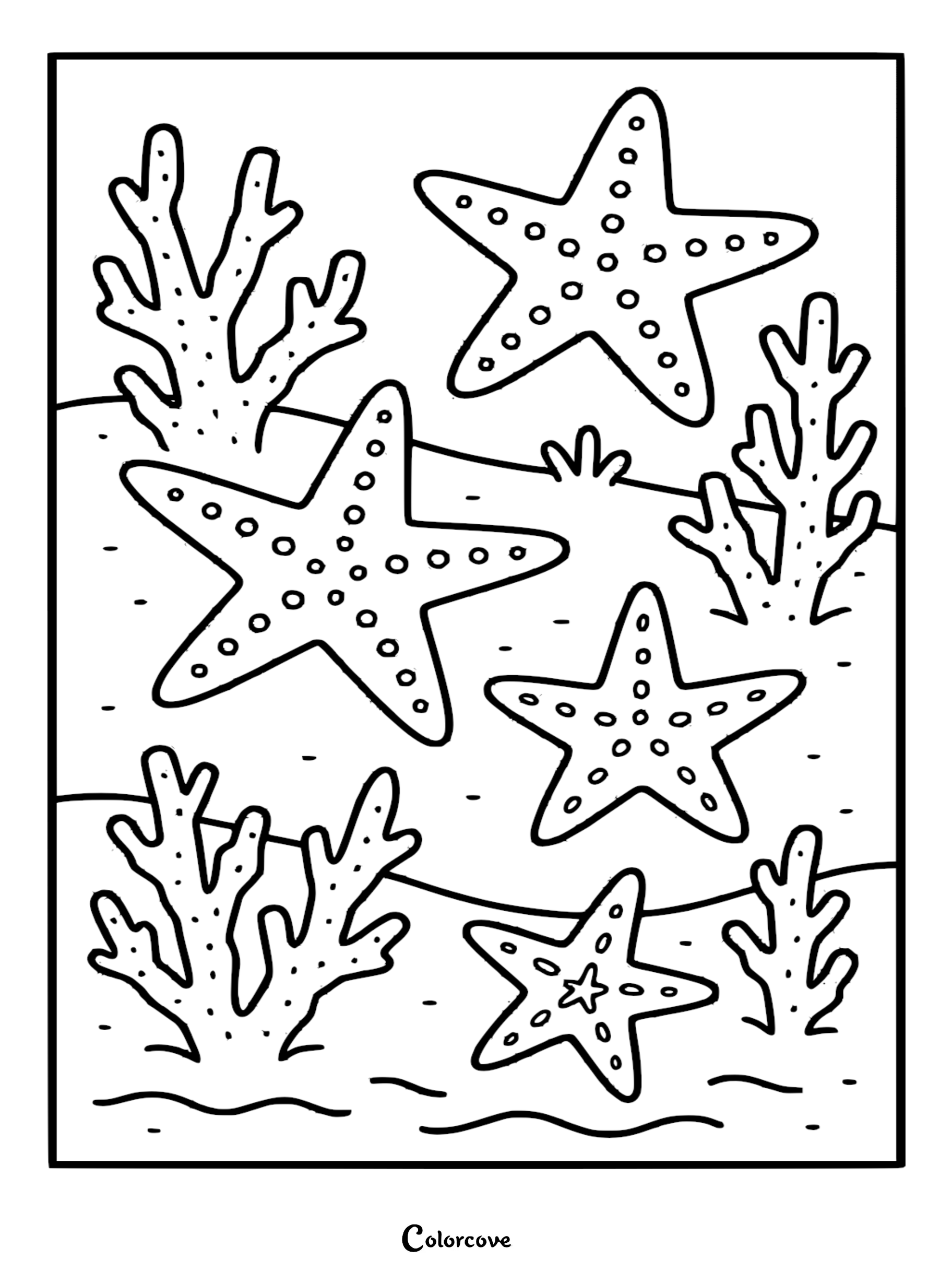 Tropical coloring page featuring four spotted starfish resting among branching coral reef structures on a sandy ocean floor.