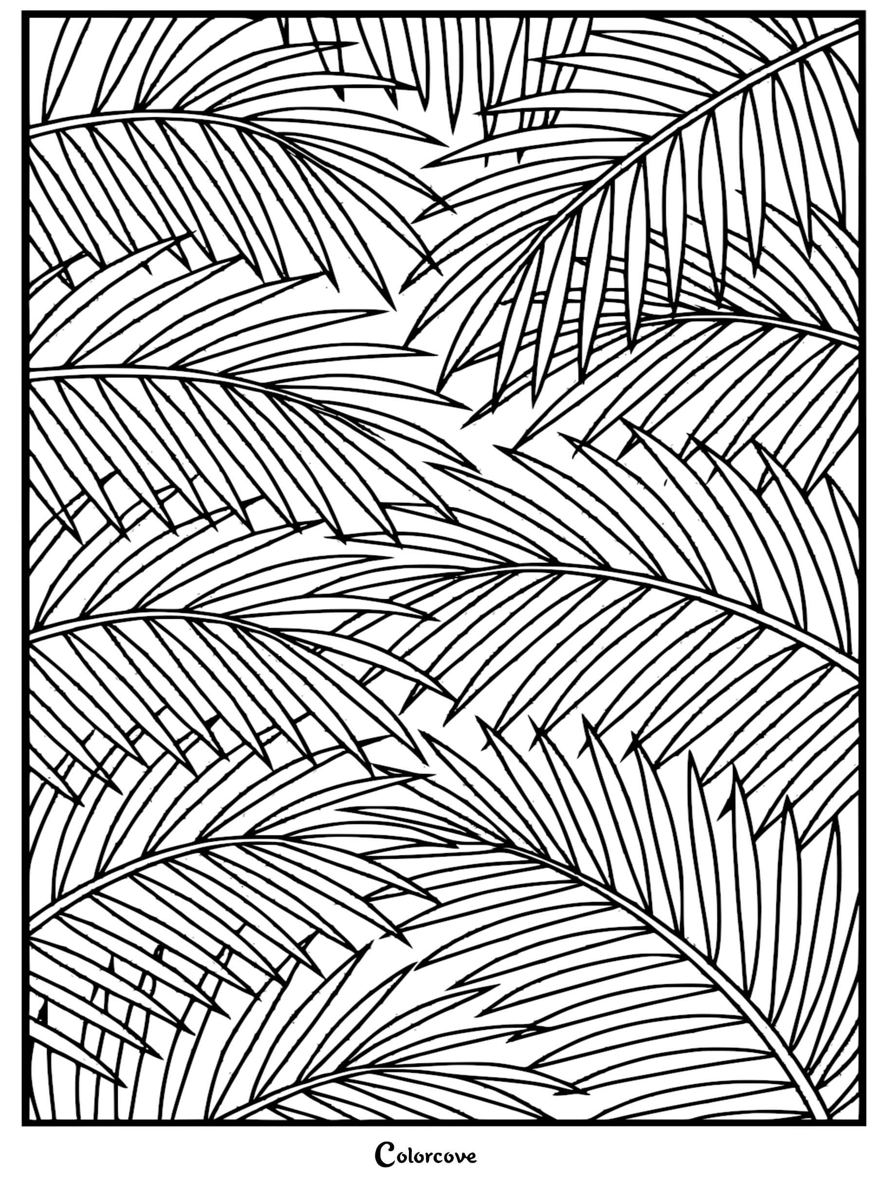 A detailed coloring page featuring an overlapping pattern of tropical palm fronds with clean black outlines.